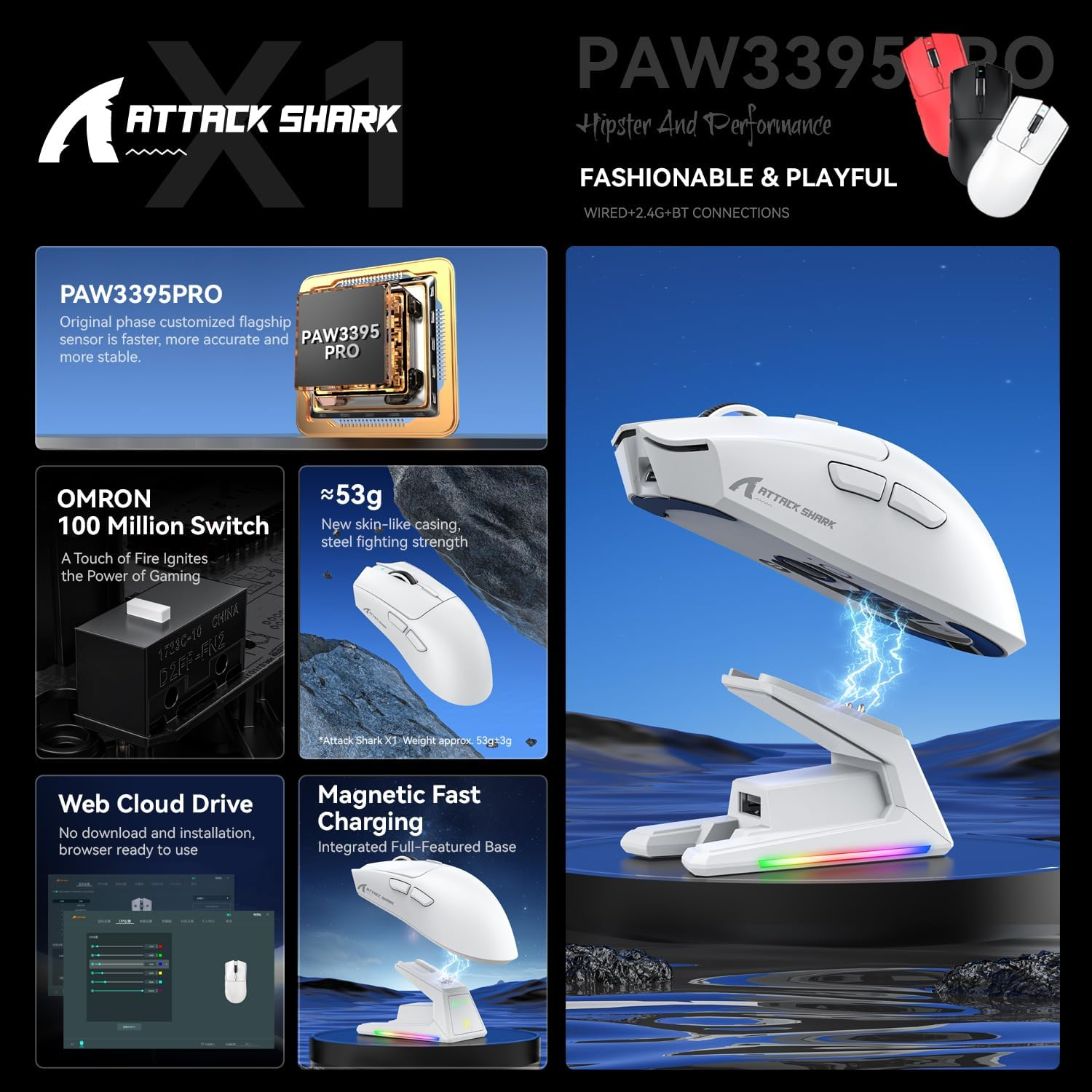 ATTACK SHARK X1 Ultralight Wireless Gaming Mouse with Magnetic RGB Charging Dock,Anti Slip Grip Tape,Pixart PAW3395 Pro Sensor,40000Dpi,Bt/2.4Ghz/Wired,Optical Micro Switch for PC Mac Gamer(Black) - Black image number 6