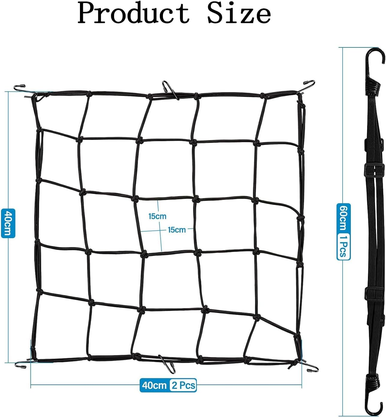 Motorcycle Cargo Net, 3 Pcs with Helmet Rubber Rope, 40Cm X 40Cm Elastic Bungee Net, Adjustable with Hooks for Motorbike, Bike, Roof, ATV