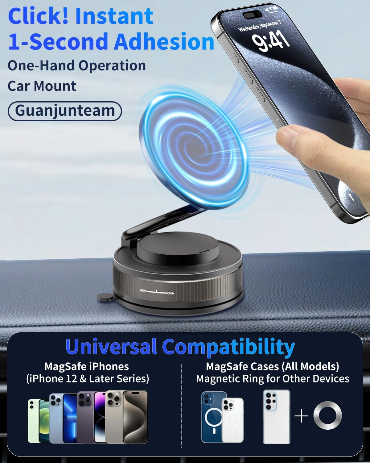 Guanjunteam 2025 Car Phone Holder, 24 N55 Magnets & Vacuum Suction, 360&deg; Adjustable One-Handed Operation, Fits Iphone 16/15/14/13/12, Google Pixel, All Car Accessories (Black) (N55) image number 6