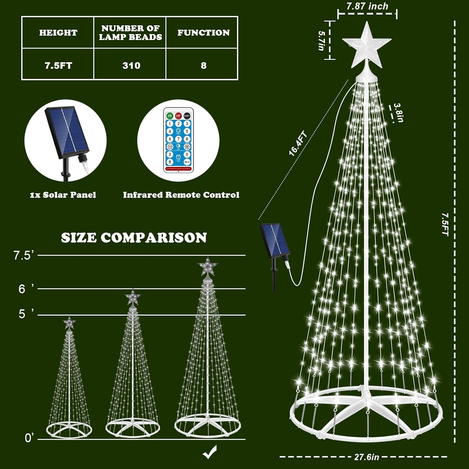 HELESIN 2.28M Solar Christmas Lights Outdoor, Christmas String Lights Decorations, 8 Modes Indoor Outdoor Decorations with Remote for Yard Garden Landscape Patio Decor, Cold White image number 2