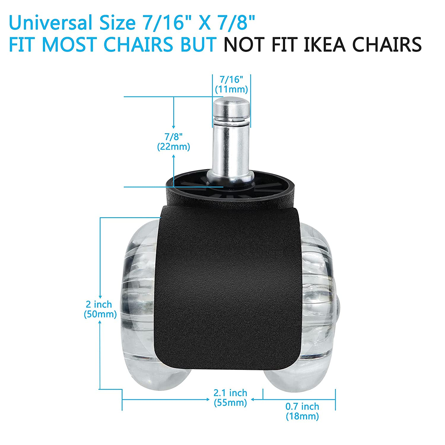 Office Chair Caster Wheels,Set of 5, 2 in Double Casters, Twin Ball Bearing Replacement Computer Desk Chair Wheel, Heavy Duty Rubber Caster Smooth Quiet Rolling Safe Protection for All Floors image number 2