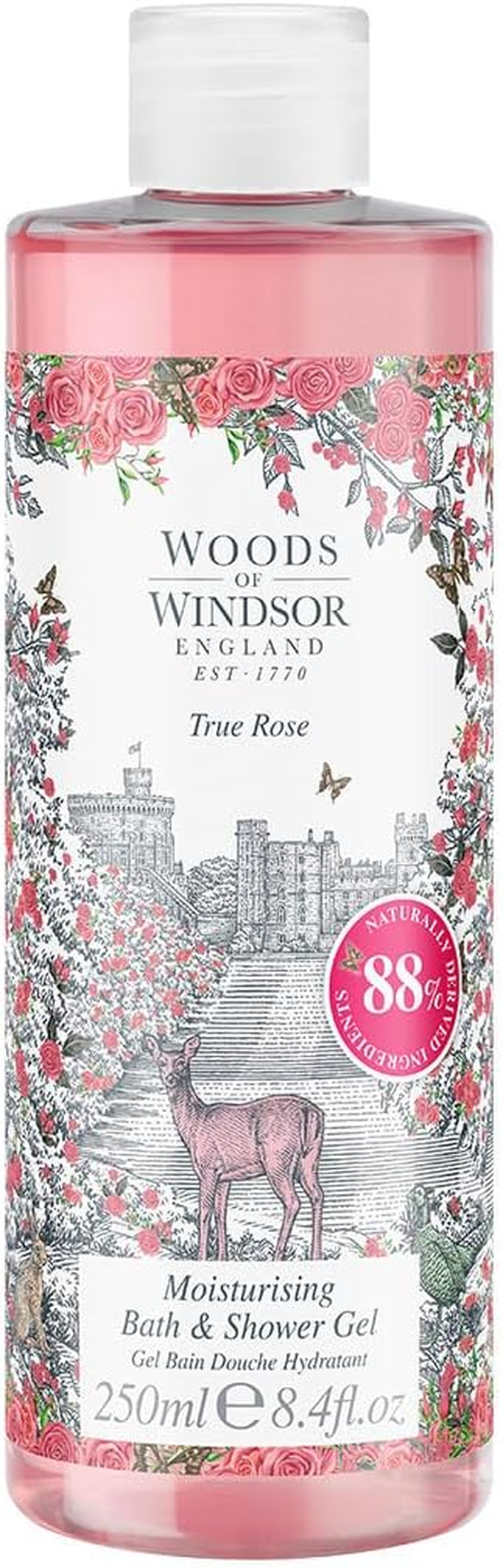 Woods of Windsor Rose Bath and Shower Gel, Womens Shower Gel with Floral White Jasmine and Ylang Ylang Notes, Moisturising Body Wash for Women with Vitamin E, True Rose Scent 250Ml