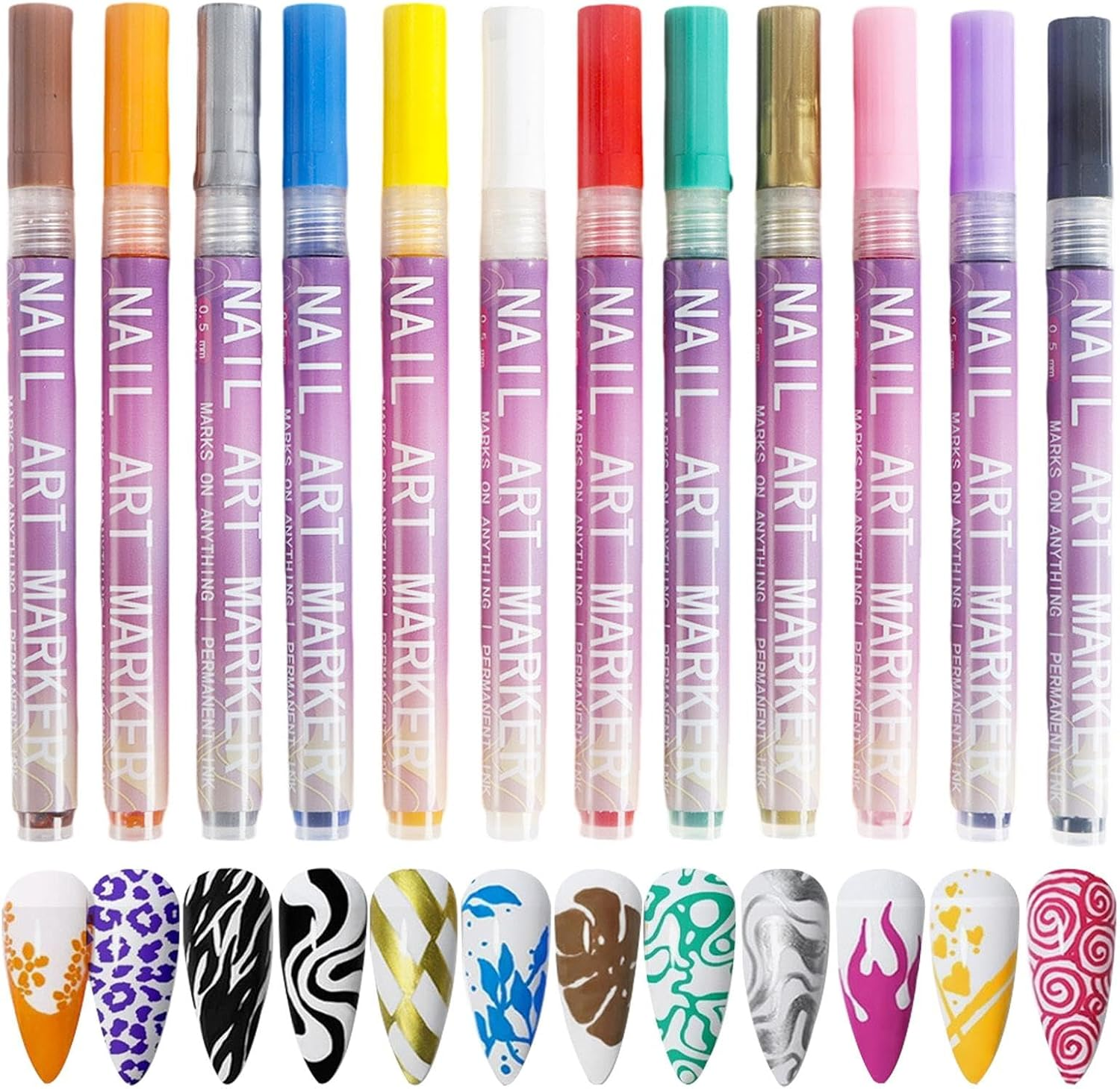 Art Nail Pens Set,12 Colors Manicure Art Painting Polish Kit Waterproof - Home Nail Beauty Salon Acrylic Markers for Graffiti Butterflies Flowers