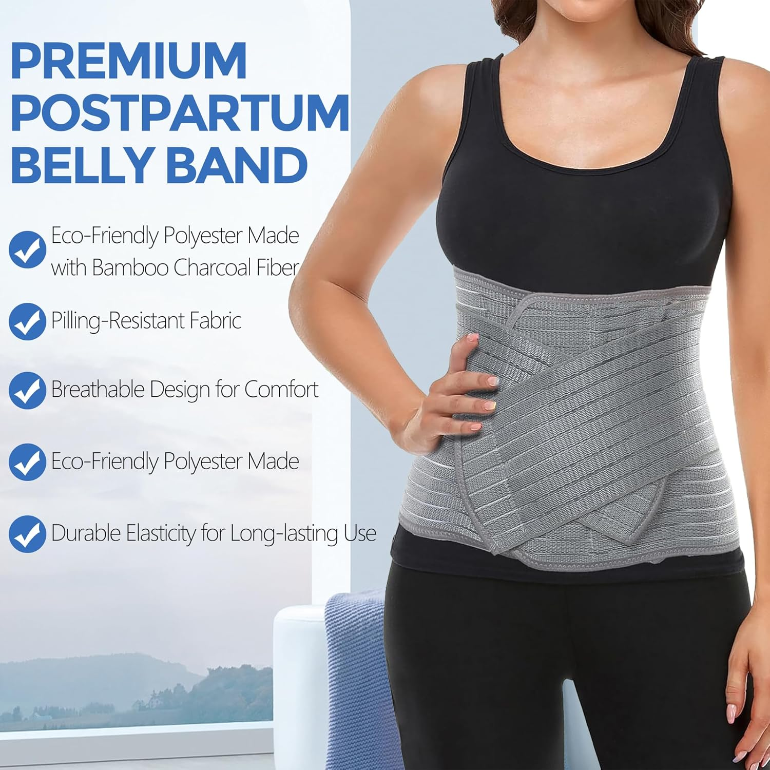 Postpartum Belly Band & Abdominal Binder - Adjustable Waist & Pelvis Support for Back Pain, Hernia & C-Section Recovery - 9.5" Bamboo Charcoal Compression Wrap image number 2