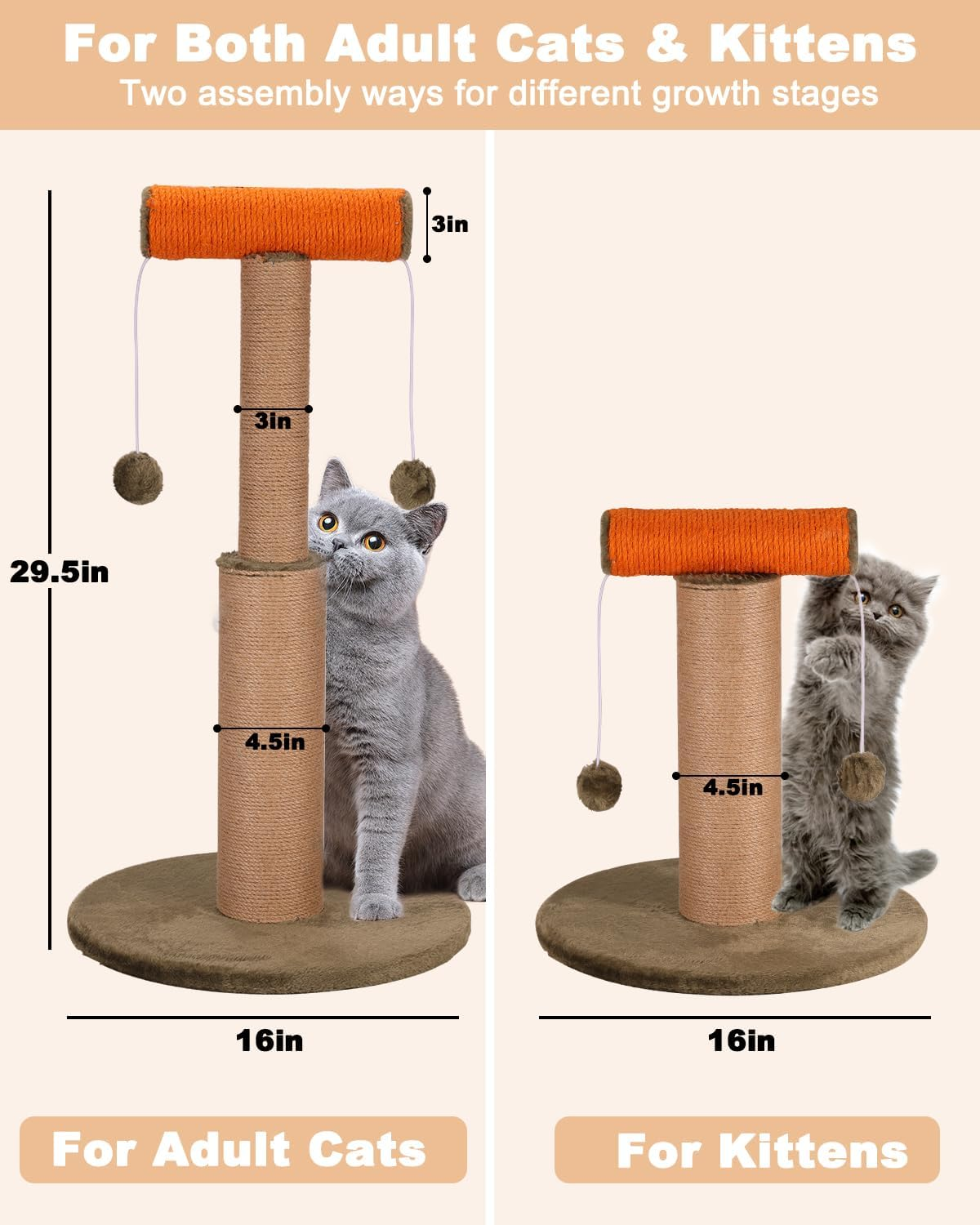 Cat Scratching Post, 29.5&rdquo; Tall Scratch Posts Sisal Scratcher with Hanging Plush Ball Toys for Indoor Adult Cats & Kittens image number 2