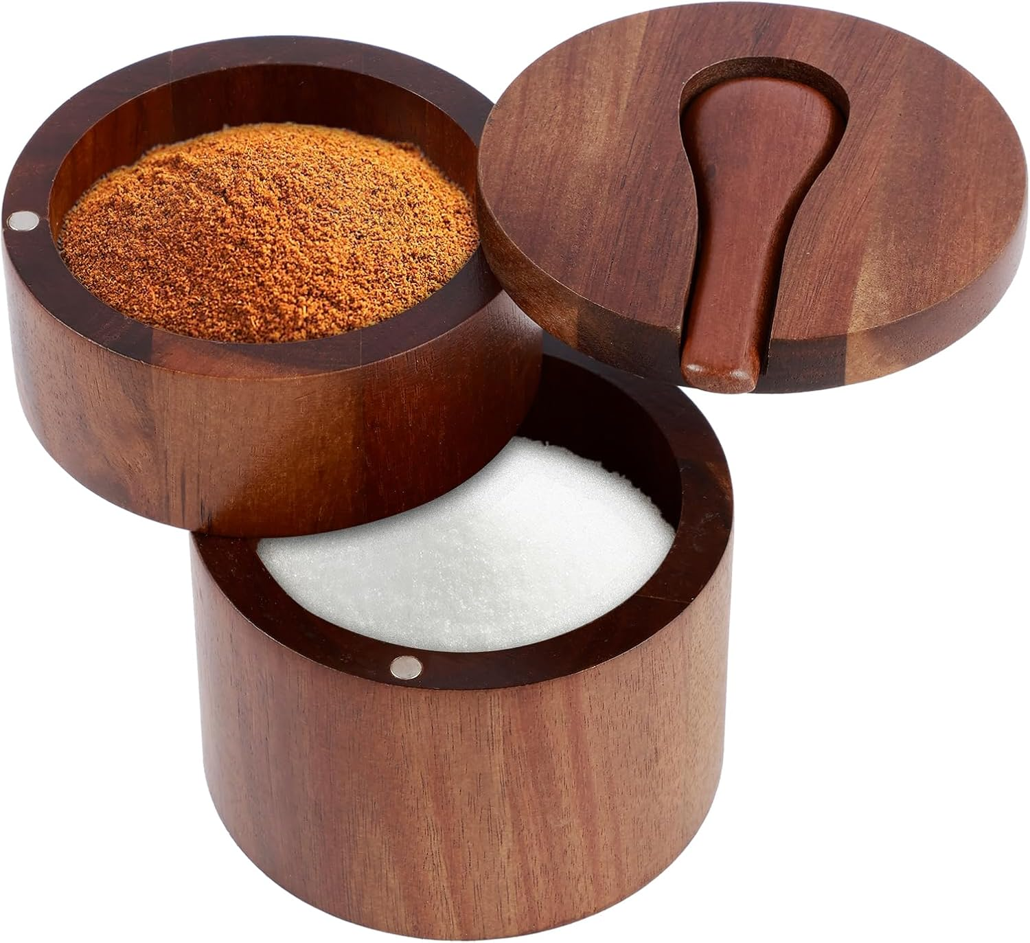 PHWRECZ 2 Layers Acacia Wood Salt and Pepper Bowl Salt and Pepper Storage Box Salt Container Salt Keeper with Built in Spoon and Magnetic Swivel Lid Dustproof Salt Holder for Kitchen Serving (Wood A) image number 4