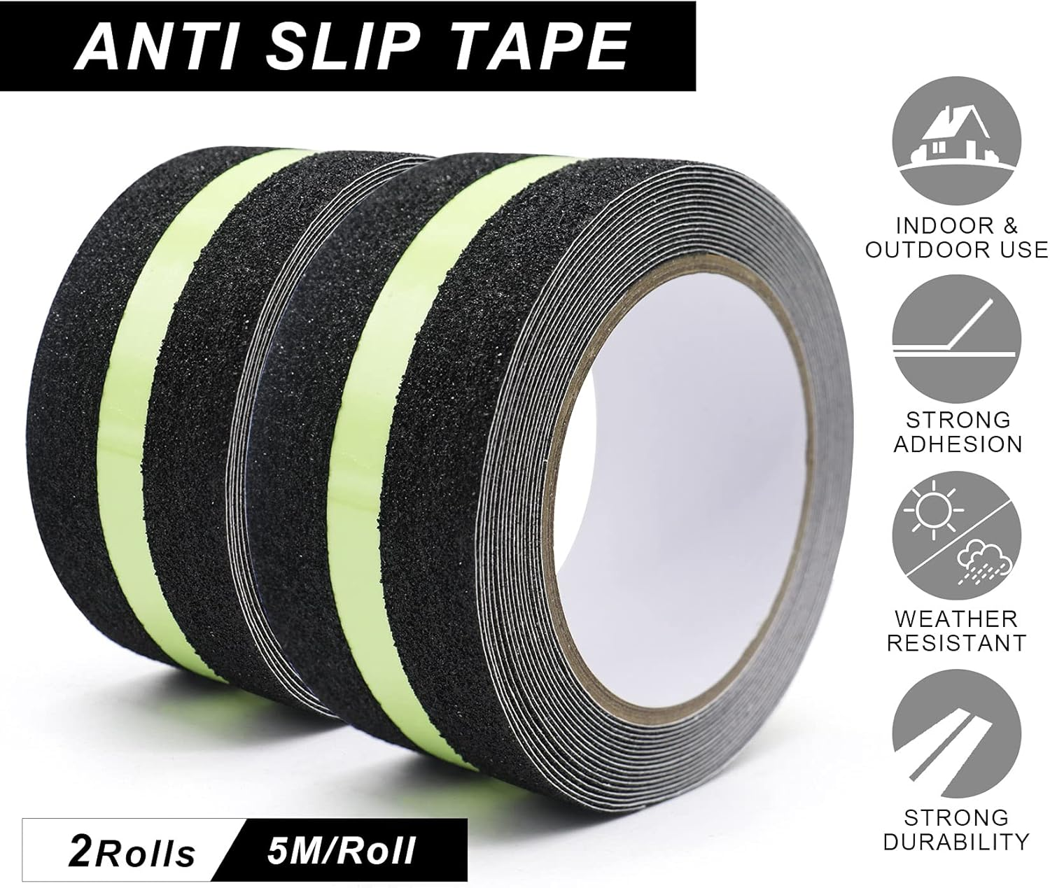 BOMEI PACK anti Slip Grip Tape, Non-Slip Traction Tapes with Glow in the Dark Reduce the Risk of Slipping for Indoor or Outdoor Stair Tread Step and Other Slippery Surfaces,50Mm*5M,2 Rolls Pack image number 5