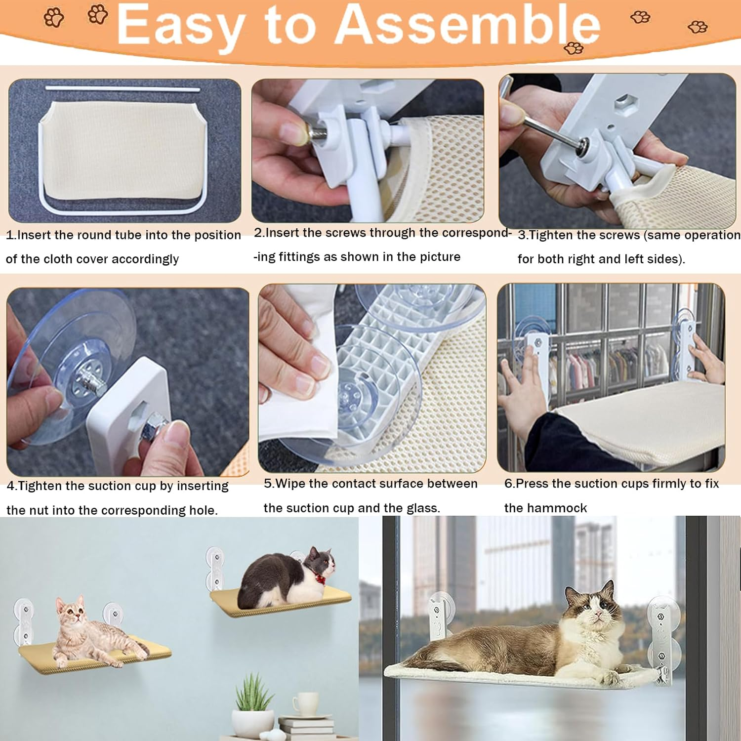 Cat Window Perch,Foldable Cat Hammock with 4 Strong Suction Cups,Cordless Hammock for Window,Sturdy Kitten Bed for Indoor Large Kittens Resting (Hold up to 50Lbs) image number 4