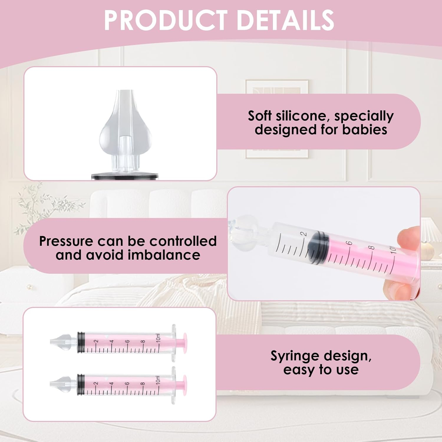 6 Pcs Professional Baby Nasal Aspirator with Soft Silicone Tip, 10Ml Portable Nasal Irrigator, Safe Nose Cleaner for Newborns & Infants for Clear Blocked Noses Gentle Rinse(White Purple Pink) image number 2