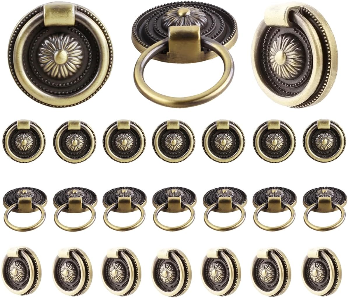 Headsitg 6 Pcs Antique Drawer Pull Ring Cabinet Ring Handle Cabinet Drawer Dressing Knob Handle Antique Brass,Size:1.37" L X 1.37" W X 0.5''H