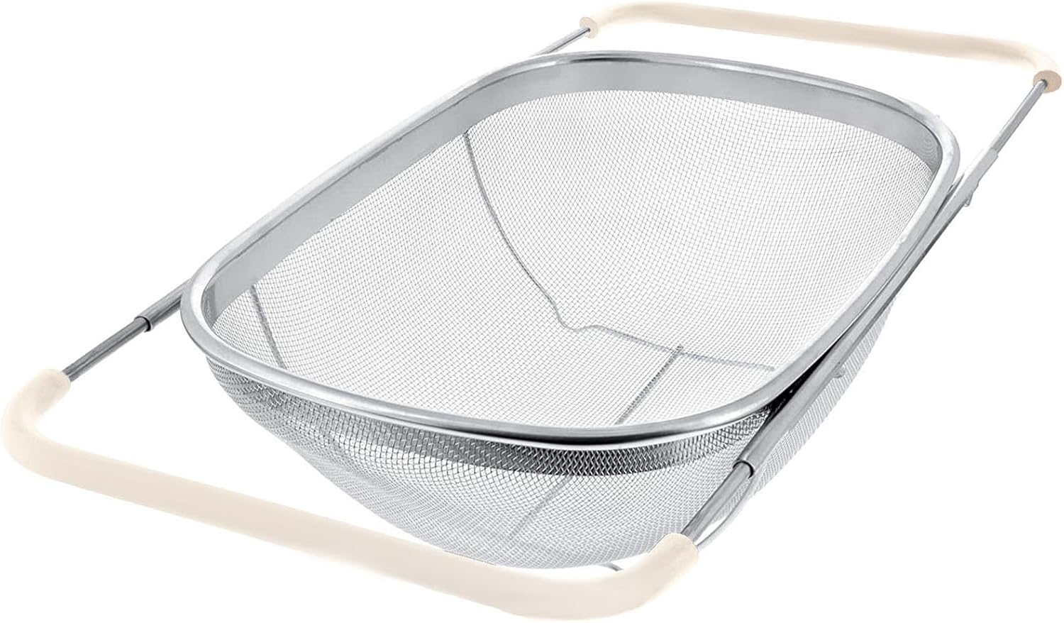 AJIODA over the Sink Colander, 6 Quarts Stainless Steel Oval Colander with Expandable Rubber Grip Handle, Fine Mesh Strainer Baskets Kitchen Colander for Strain, Drain, Rinse Vegetables, Fruits, Black