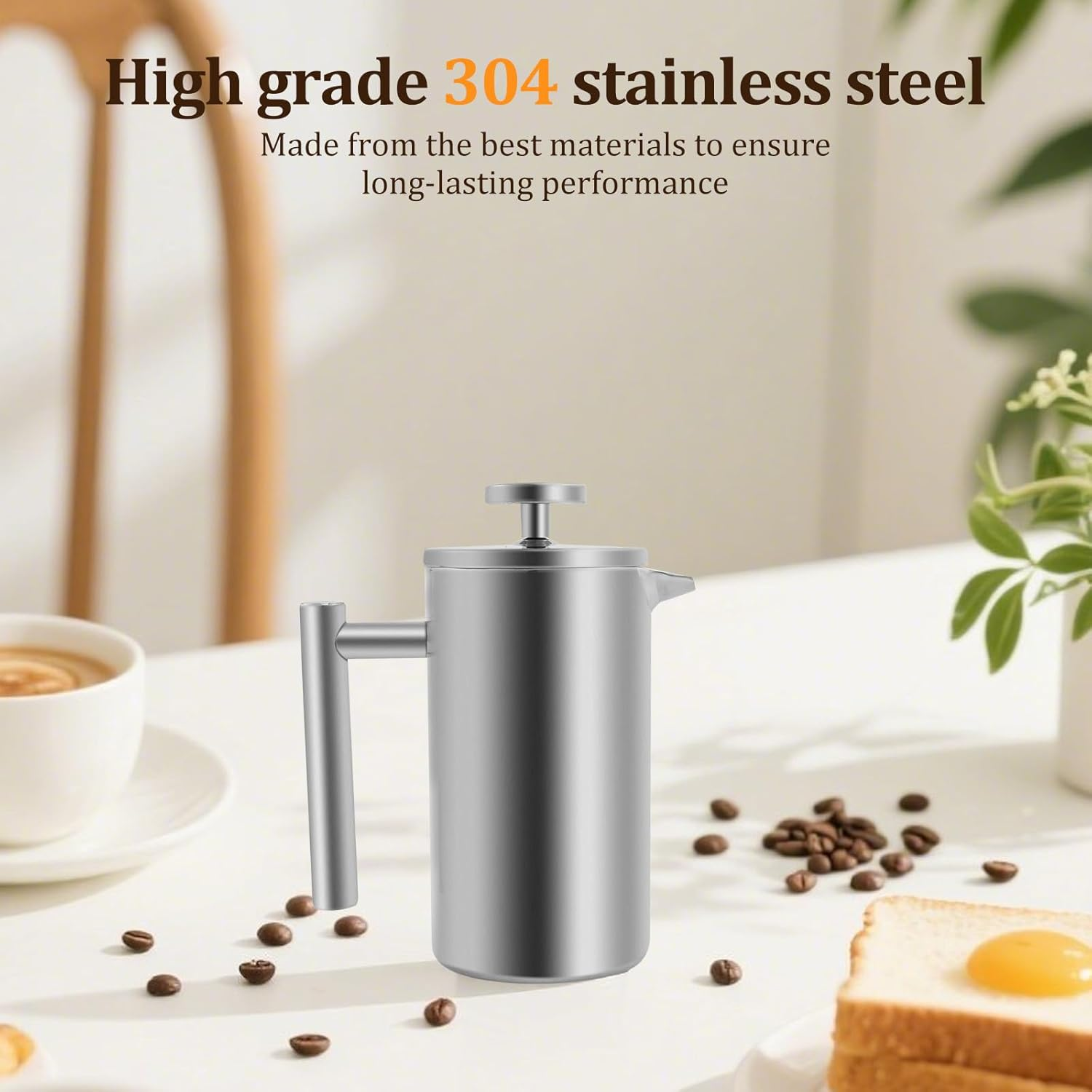 French Press Coffee Maker, 350ML Effortless to Clean Premium 304 Stainless Steel Coffee Press Pot with Our Reusable Stainless Steel Filter, Rustproof, for Cappuccino Latte Mocha Silver image number 2