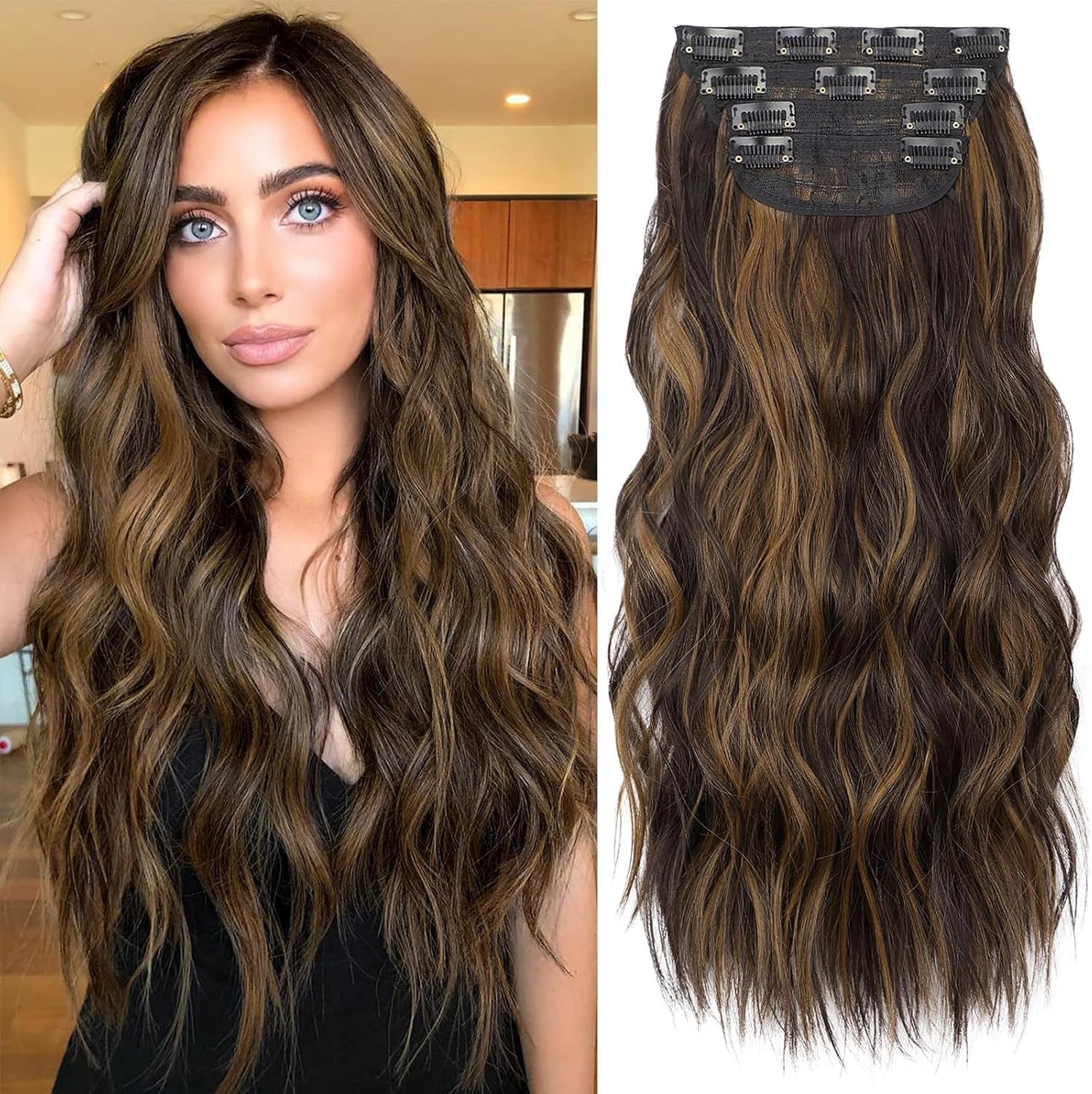 Clip in Hair Extensions, 24 Inches 4Pcs Long Wavy Soft Synthetic Curly Hair Extensions Clip Ins Weft Hairpieces for Women (Dark Brown)