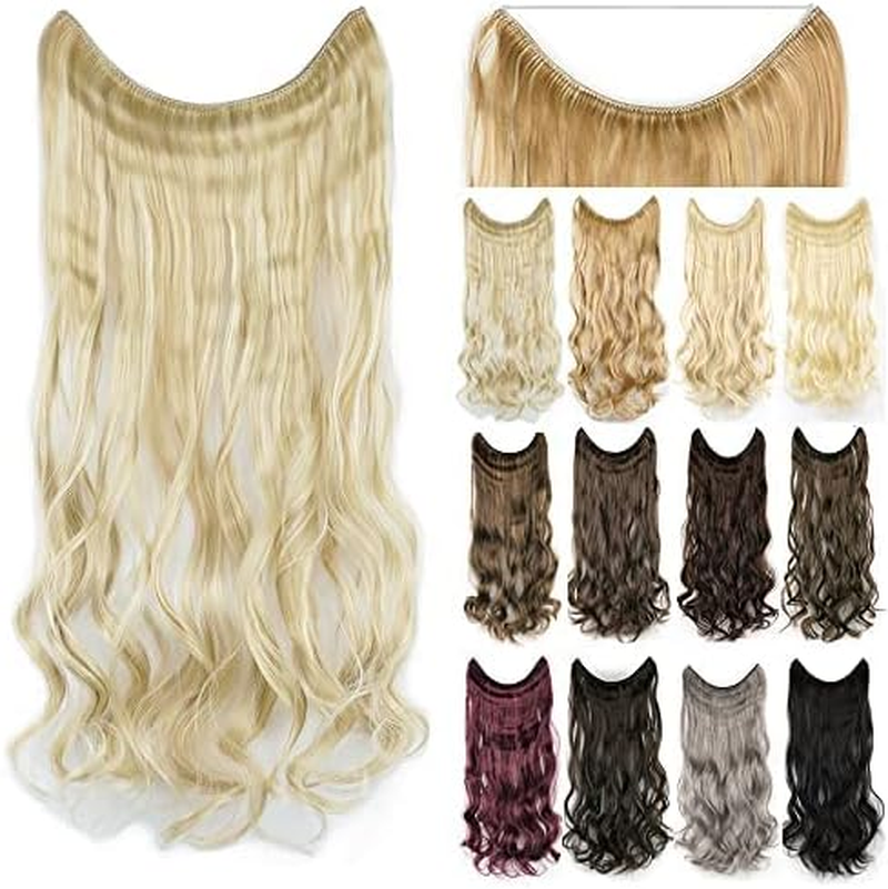 IMISSU 22'' 26'' Long Body Wavy Hair Extensions Fish Line Hairpiece Synthetic Invisible Secret Wire Headwear Flip Curly Hair Extension Pieces (22 Inch,613 Blonde) image number 6