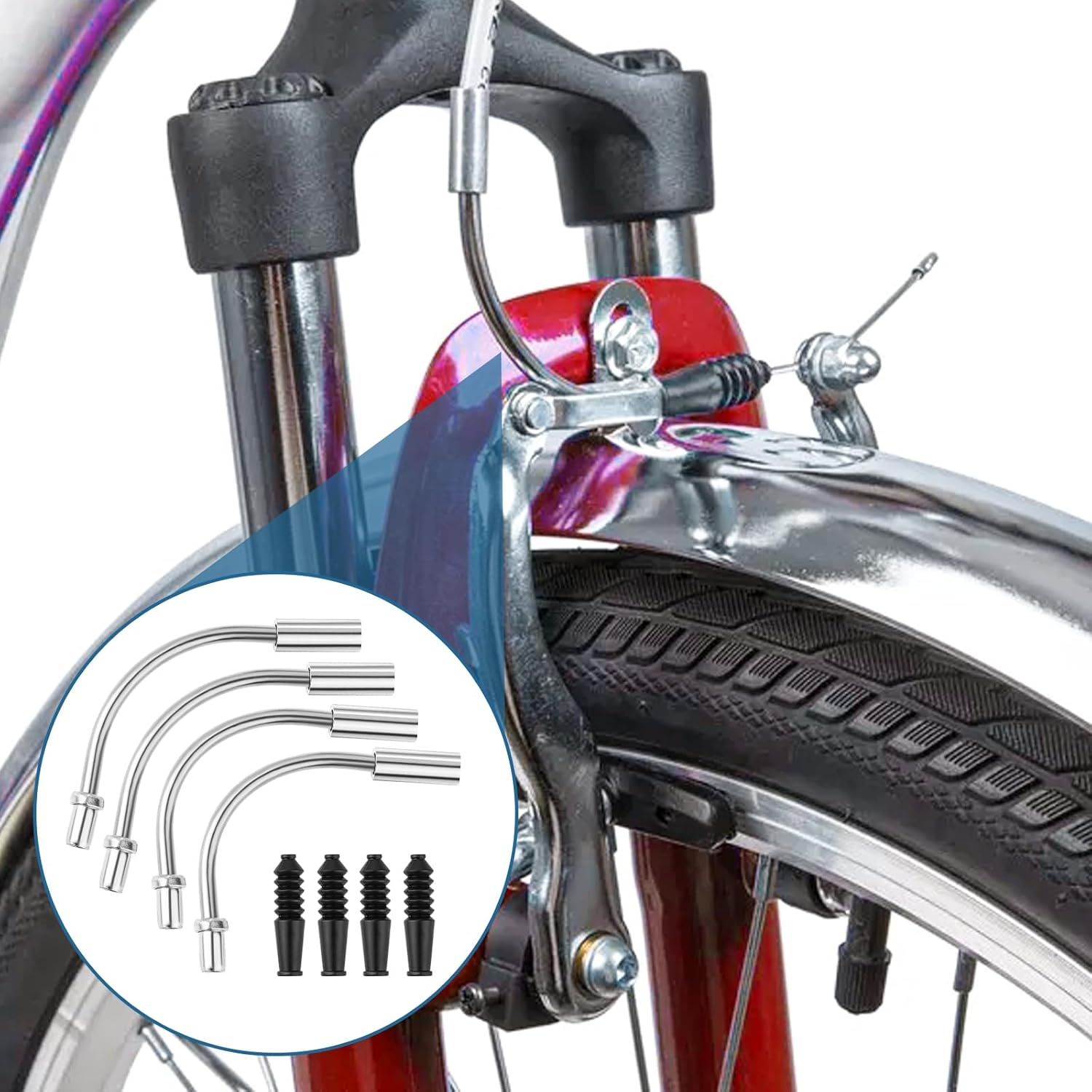 Trinkrittey Bike Brake Noodle Cable Guide Pipe Set - 8 Pcs (4X 90&deg; Bend Pipes + 4X Rubber Boots) - Silver - Plastic & Stainless Steel - Fits Most Bicycles - Easy Installation image number 1