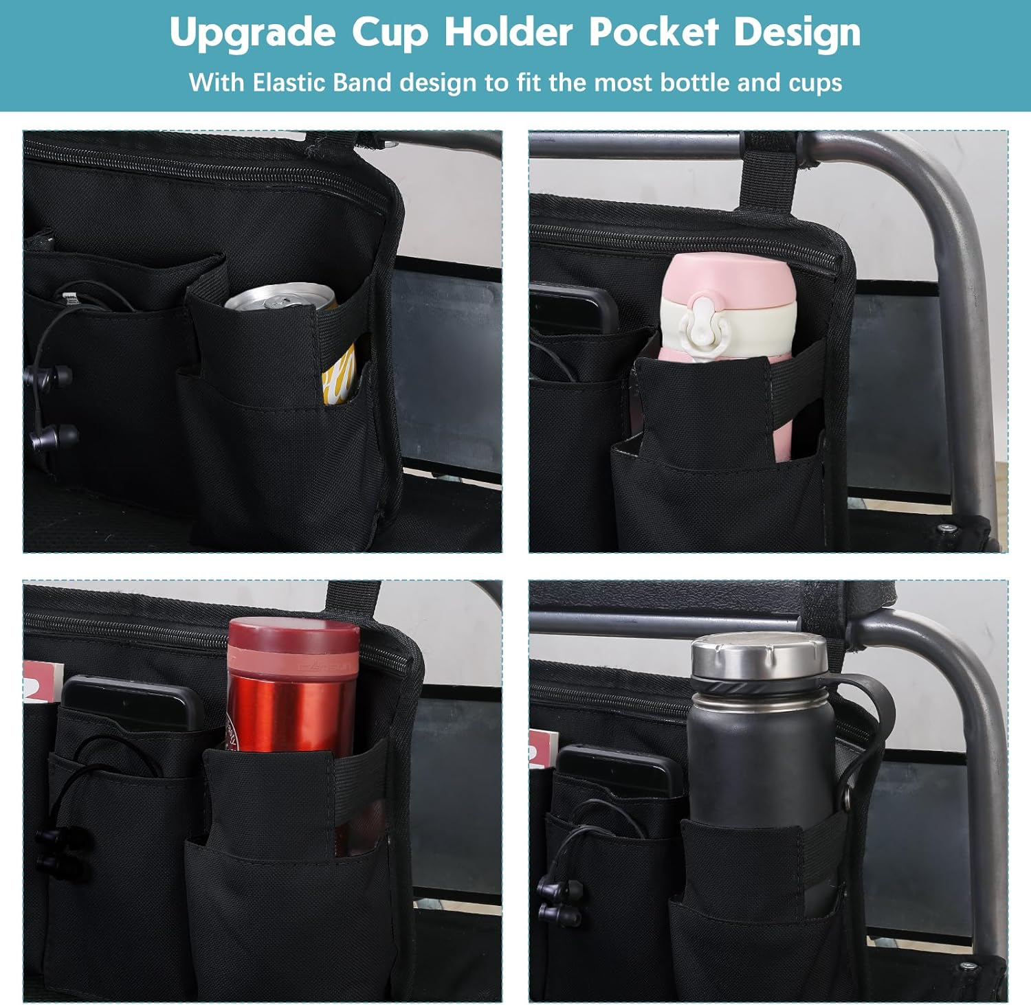 CTWWFS Upgrade Wheelchair Side Bag with Cup Holder, Armrest Accessories for Wheelchair, Rollator, Walker, the Perfectly Organized to Free Your Hands and Bring You a Wonderful Life Experience (Black) - Gray image number 5