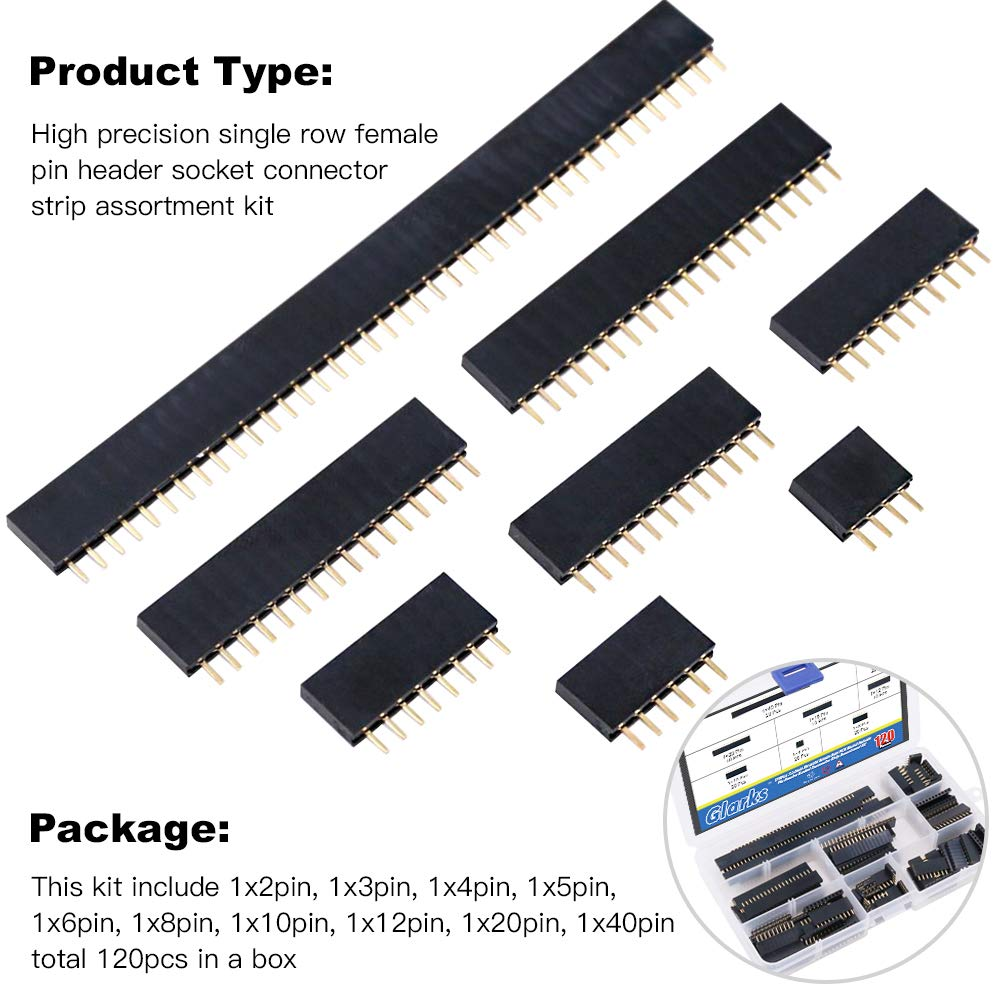 Glarks 120Pcs 2.54Mm Straight Single Row PCB Board Female Pin Header Socket Connector Strip Assortment Kit for Arduino Prototype Shield(Single Row) image number 2