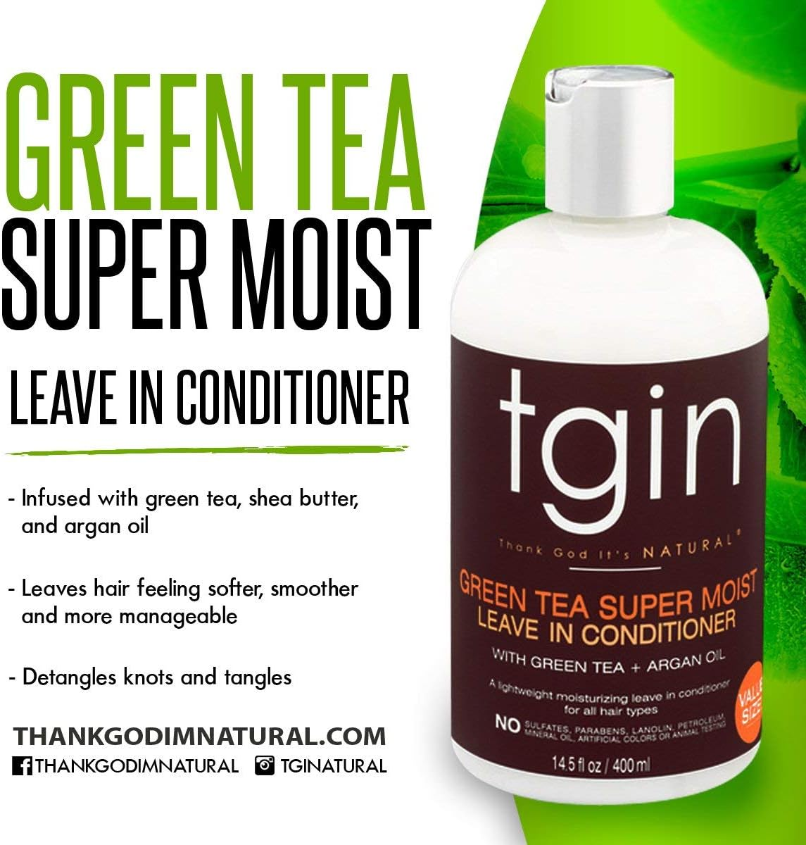 Tgin Green Tea Super Moist Leave in Conditioner for Curly, Coily and Wavy Hair, with Argan Oil, Shea Butter and Green Tea, Moisturizes and Nourishes Dry Hair, 13 Oz image number 2