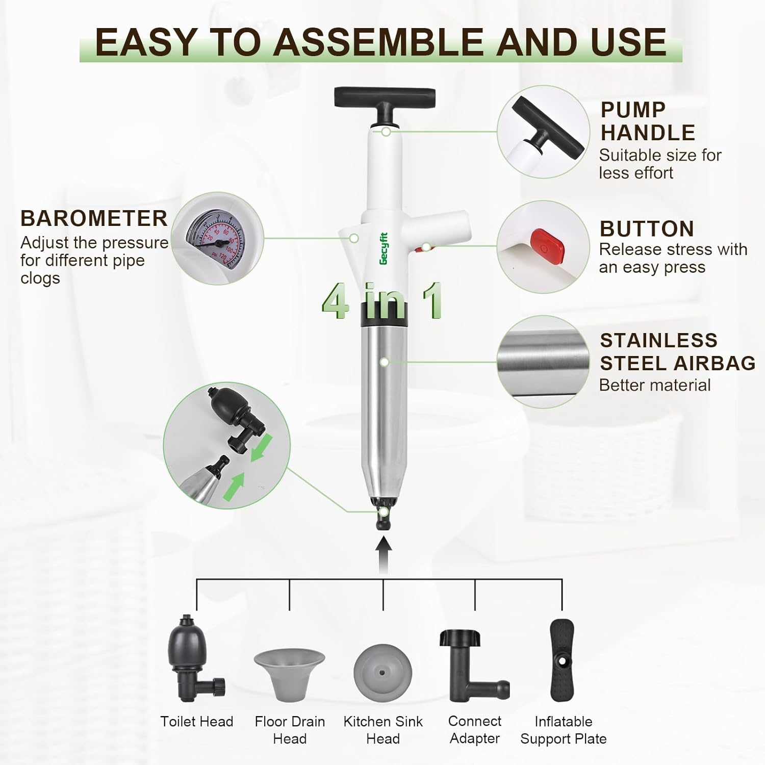 Gecyfit Toilet Plunger, High Pressure Drain Unclogging Tool, Plungers for Bathroom, Floor, Shower, Sink Heavy Duty, Multi-Purpose Air Pump Plunger for Toilet, Toilet Snakes for Hair Clog Remover