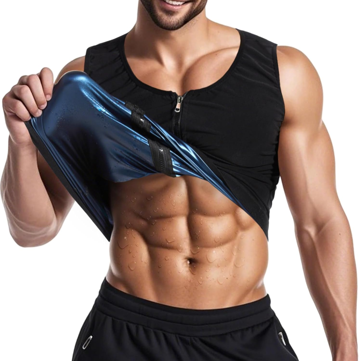 Men'S Sauna Vest with Zipper, PU Milk Silk Sweat Suit, Triples Sweating Boost Calorie Burn Sweat Suits for Weight Loss, Ideal for Fitness - Oriented Men (2XL/3XL) image number 3