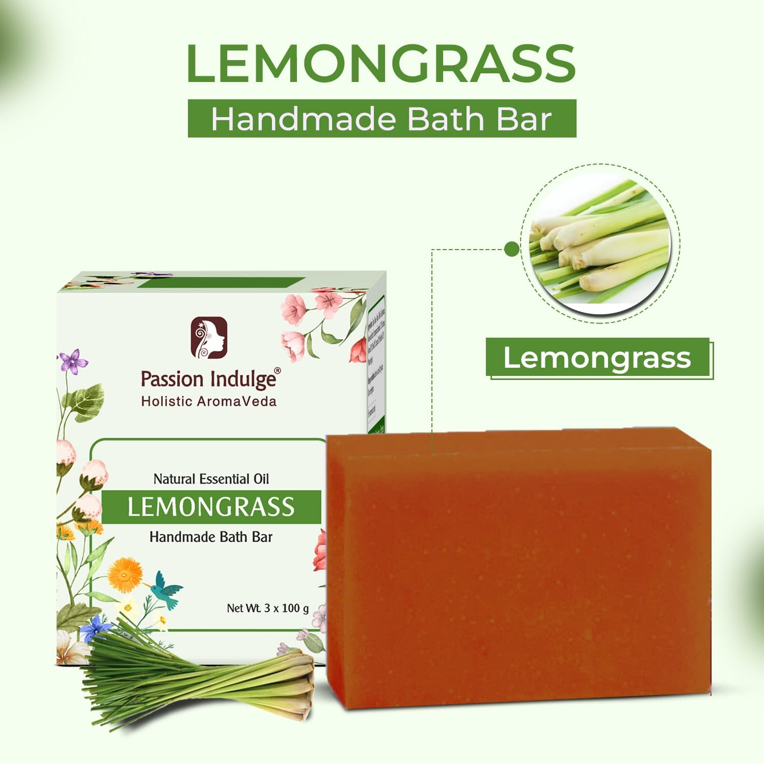 Lemongrass Essential Oil Based Handmade Natural Bath Bar, Light Yellow, 100 G (Pack of 3) image number 2