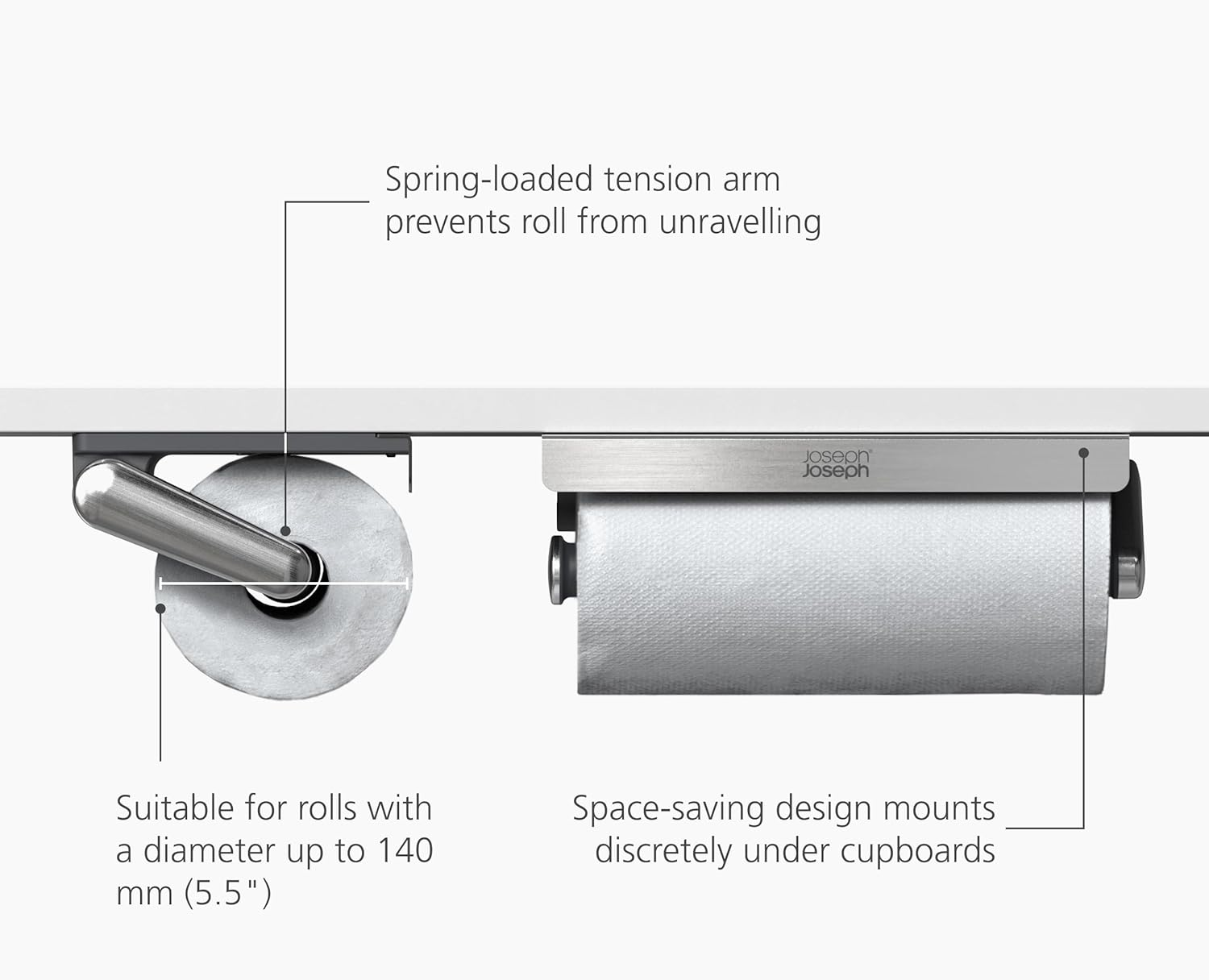 Joseph Joseph Rollgrip under Cabinet Kitchen Roll Holder, Space-Saving, Spring Tension Arm, Easy One-Handed Tearing, Fits 140Mm Rolls image number 6