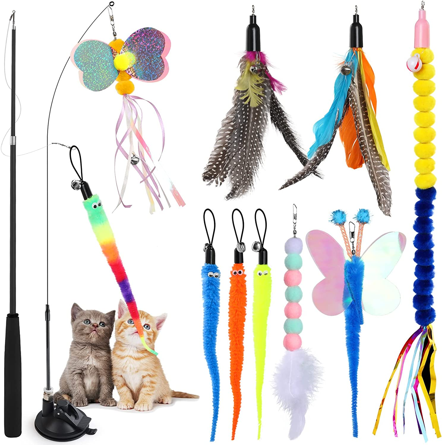 Simpeak 12PCS Cat Toys Feather Teaser Cat Toy, 2PCS Retractable Cat Wand Toys Cat Feather Sucker Toy, 10PCS Replacement Kitten Toys Interactive Catcher Teaser and Funny Exercise for Cats image number 3