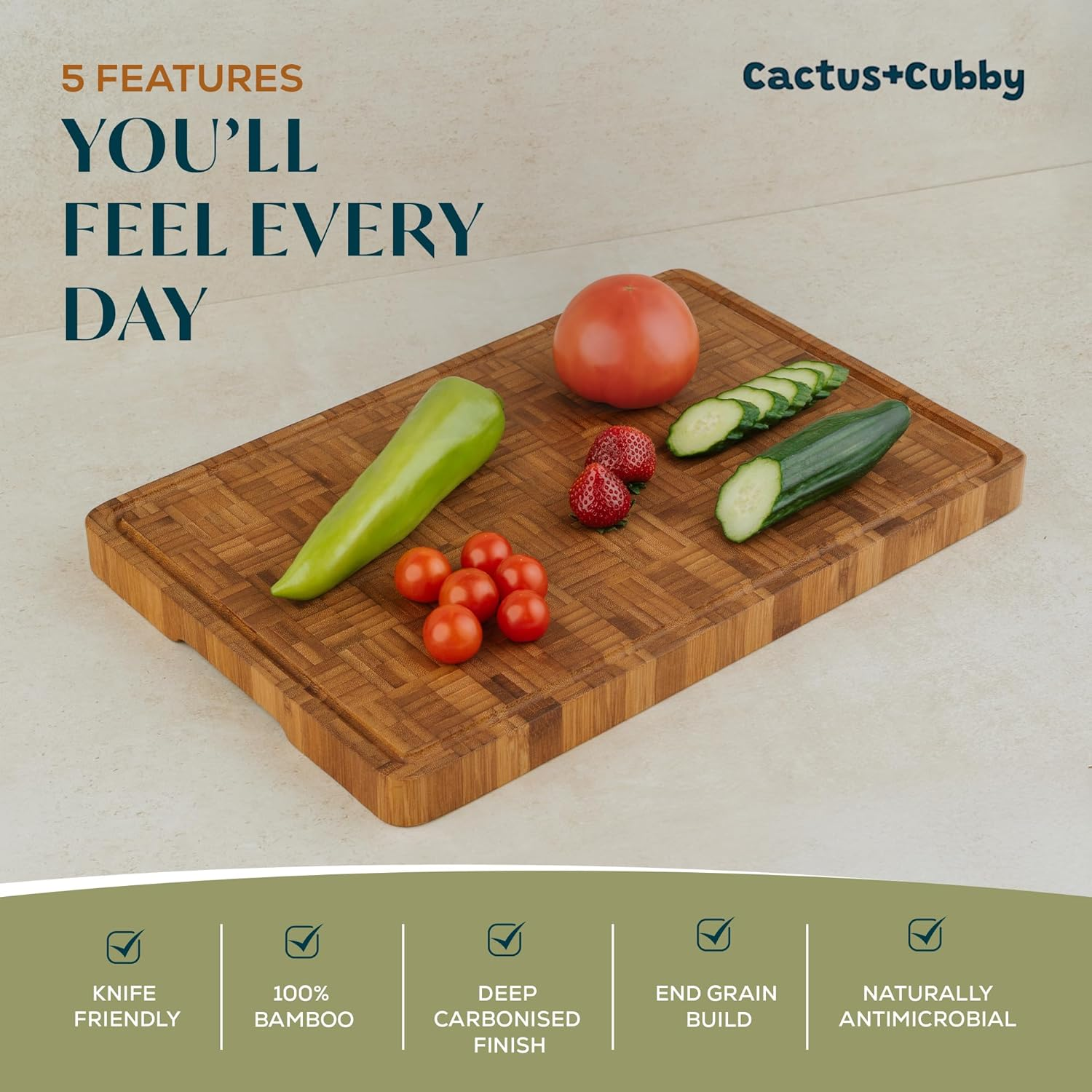 Cactus and Cubby Wooden Chopping Board. Crafted End Grain Bamboo Cutting Board. Premium Deep Carbonised Finish. Large (45 X 30 X 3Cm). Butchers Block. Juice Grooves. Side Handles. Serving Tray. image number 5
