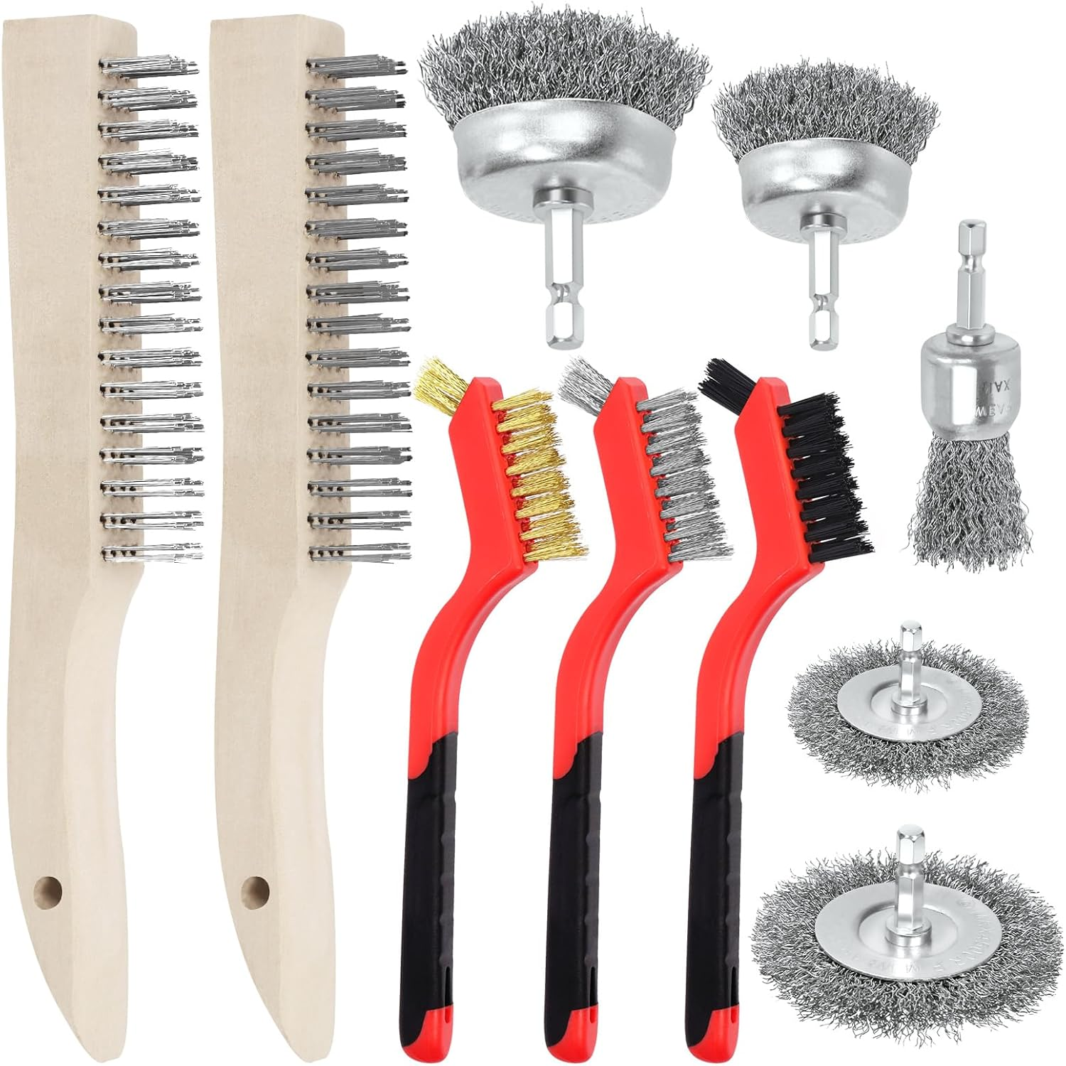 Swpeet 10Pcs Wire Brush Set, Including 5Pcs Wire Wheel Cup Brush, 3Pcs Stainless Steel/Brass/Nylon Bristles with Curved Handle Grip and 2Pcs Stainless & Carbon Steel Wire Brush for Deep Cleaning image number 6