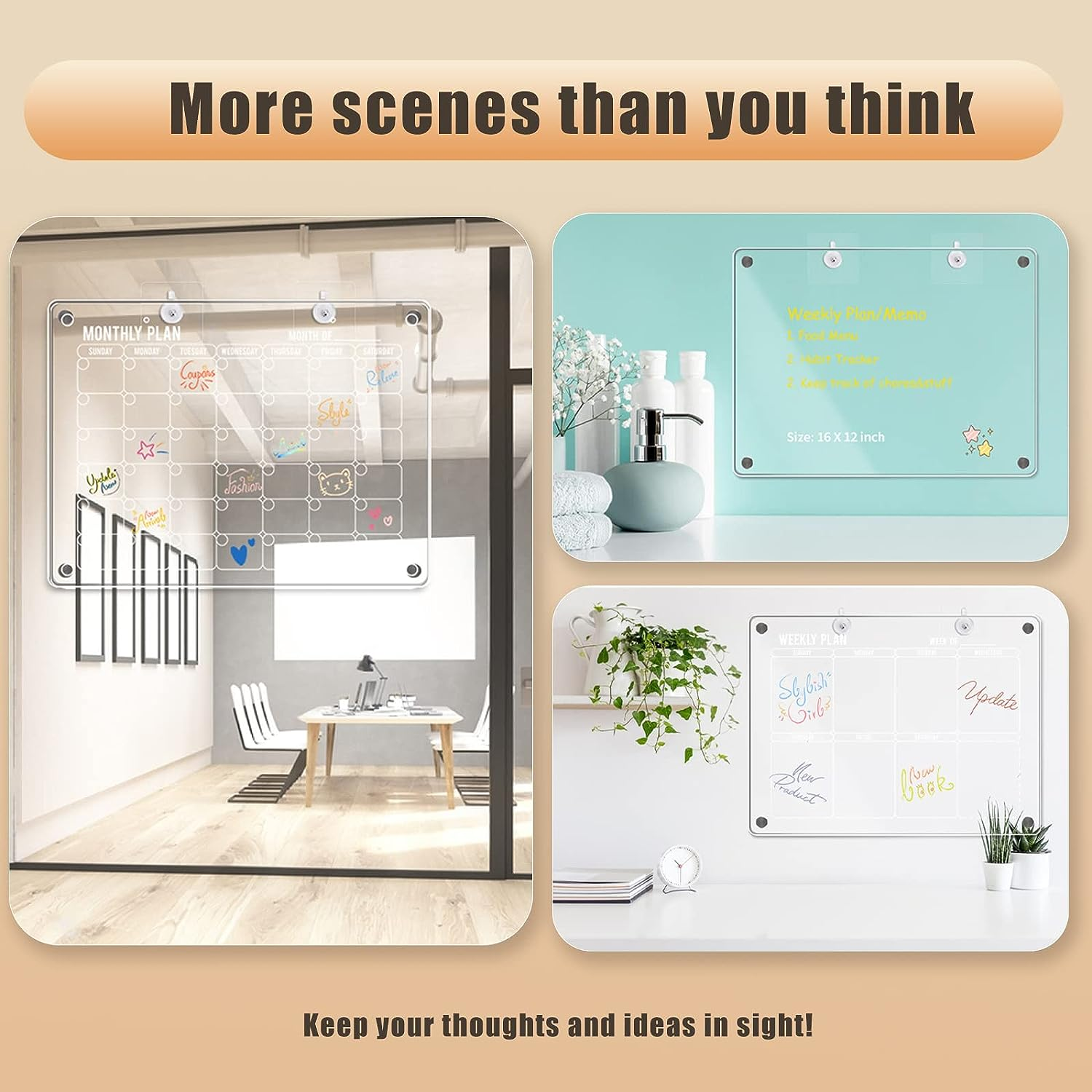 3Pcs Acrylic Magnetic Fridge Calendar, Monthly and Weekly Meal Fridge Planner, Wall Calendar, Clear Dry Erase Board for Refrigerator, W/Dry Erase Markrs, Wall Hook and Silicone Cover image number 1