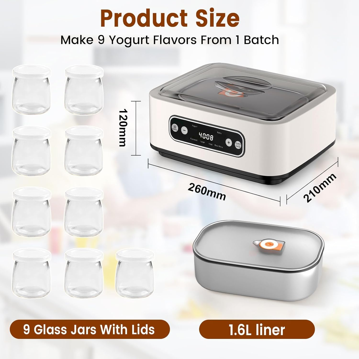 Yogurt Maker Machine, Automatic Yogurt Maker Temp Control & Smart Timer, Homemade Greek Yogurt Machine, Includes 9X100Ml/3.4Oz Glass Jars & 1.6L Stainless Steel Liner image number 2