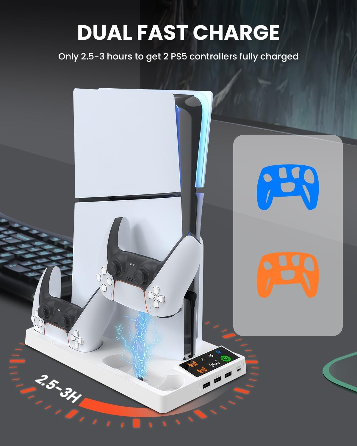 PS5 Slim/Pro Cooling Station Stand with Cooling Fan & Dual Controller Charger &ndash; Vertical Cooling Fan Base for PS5 Slim/Pro Disc & Digital, 3-Speed Adjustable, 3 USB Hub, Fast Charging image number 4