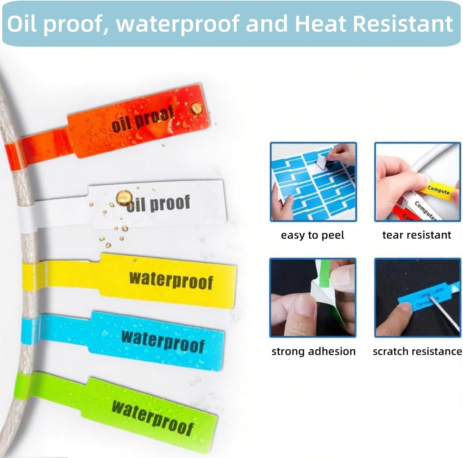 Suytvenxau 300 Labels 10 Sheet Colorful Waterproof Cord Labels Tags Write on Stickers Tear Resistant Flexible Cable Labels for Wire Management Label Stickers for Printer