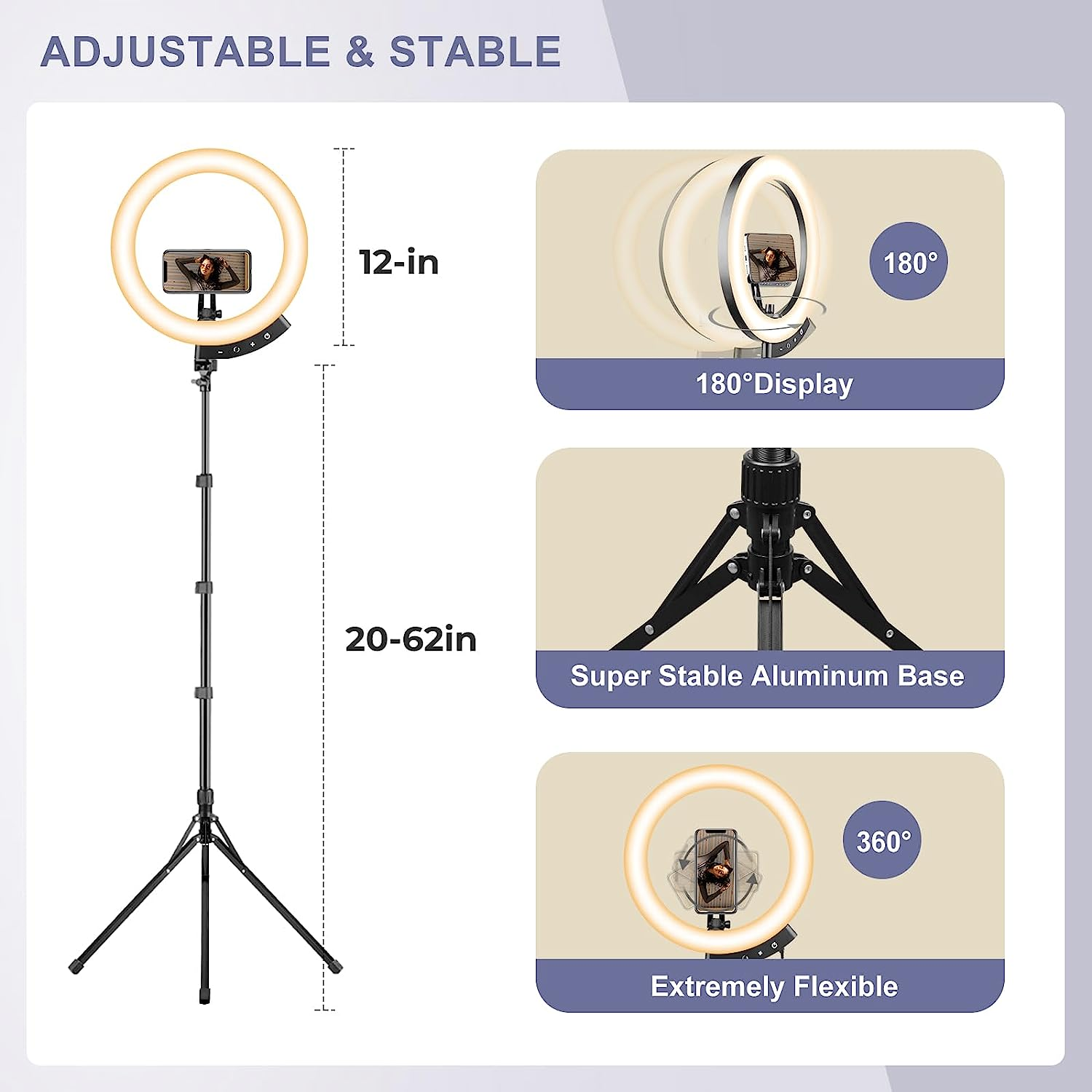 Sensyne Newest 12" Ring Light with 62" Tripod Stand, LED Selfie Circle Light with Strong Magnectic Phone Holder Compatible with Cellphones for Live Stream/Recording/Photography/Youtube/Tiktok image number 2