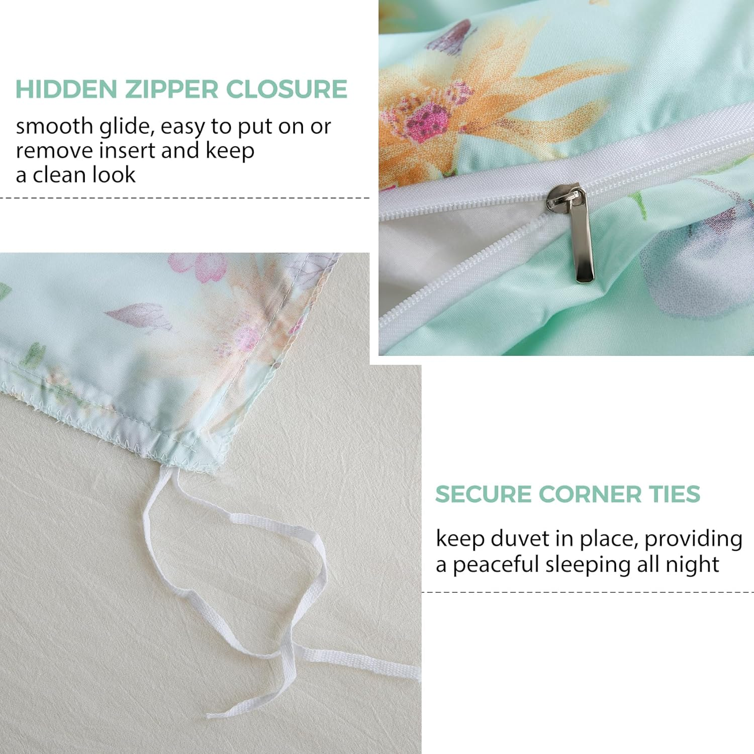 JSD Green Floral Printed Duvet Cover Set Queen, 3 Piece Microfiber Botanical Comforter Cover with Corner Ties Zipper Closure