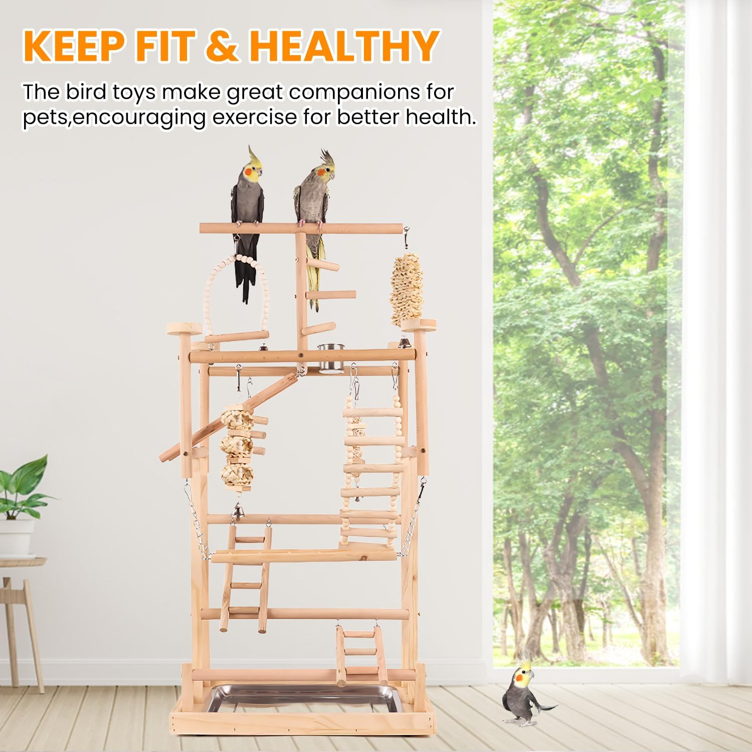 Uandhome Bird Playground,4 Tier Parrots Playstand for Small to Medium Birds, Perch Stand with 3 Ladders Playgym with Rope Perch, Swings Feeder Cups Bird Cage Accessories for Conure Cockatiel Lovebirds image number 2