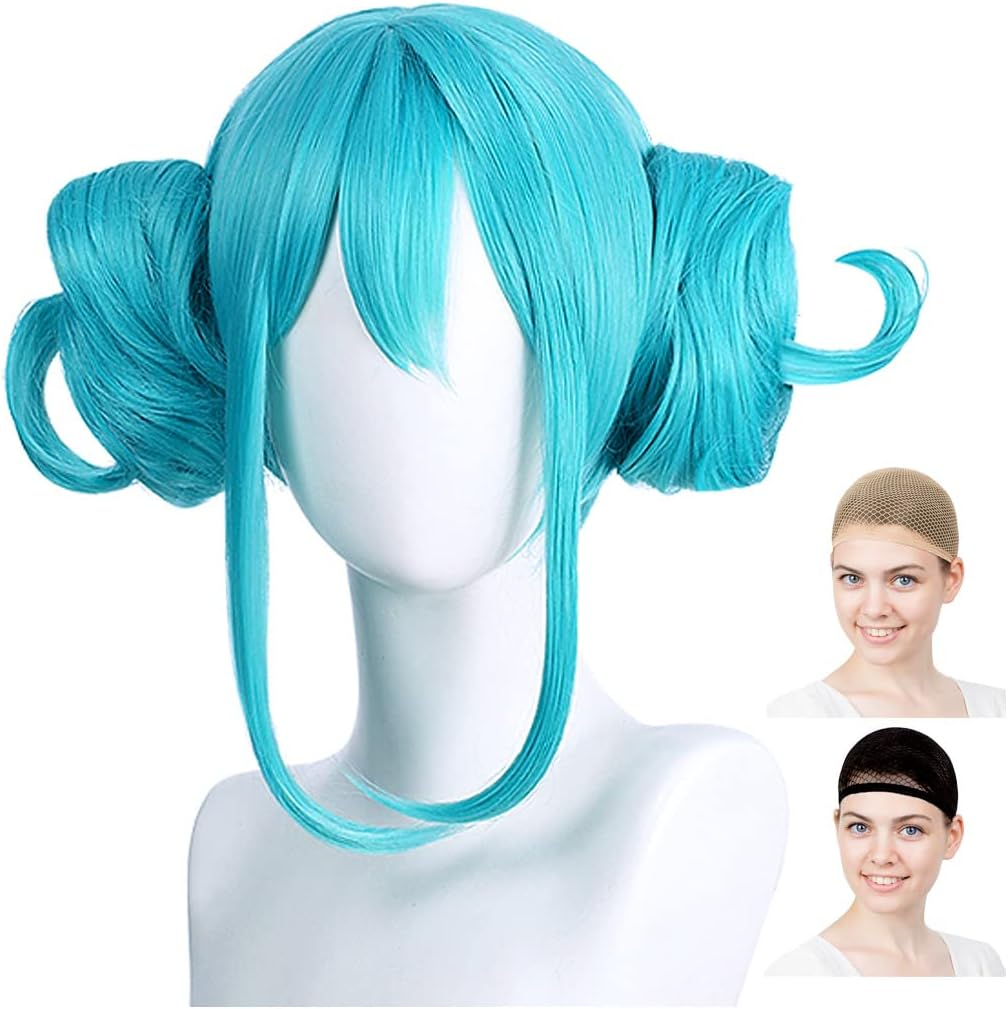 Caseeden Cosplay Wig, Hatsune Miku White Rabbit, Bunny Twin Bun with Hair Included, Emerald Green, Teal and White Merce Wig Net, Set of 2 image number 5