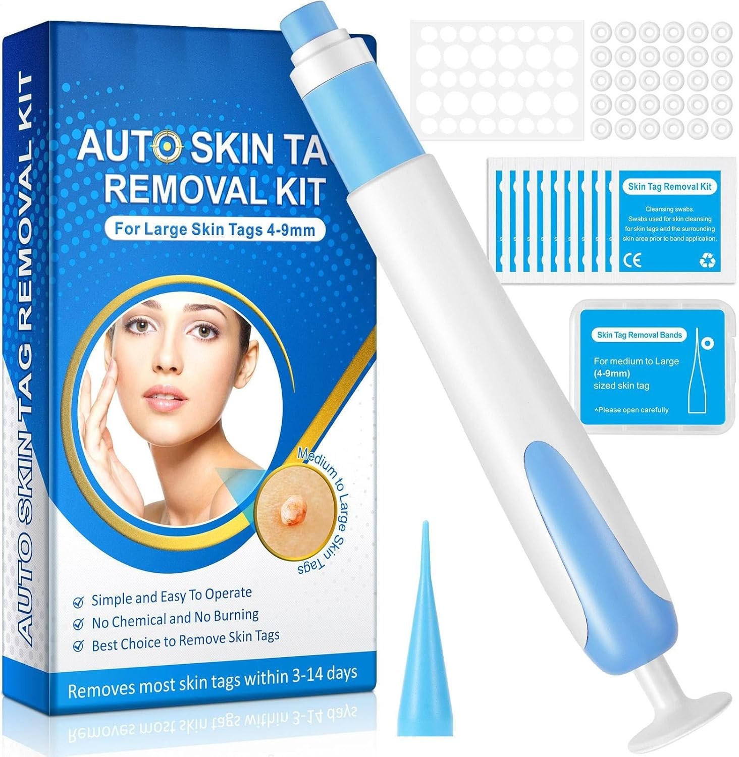 Skin Tag Remover Tools, Wart Remover Pen, Skin Tags Device for Small/Large Tags(4-9Mm), with Removes Cone-Shaped, Cleansing Pads, Patches, Instruction Manual image number 2