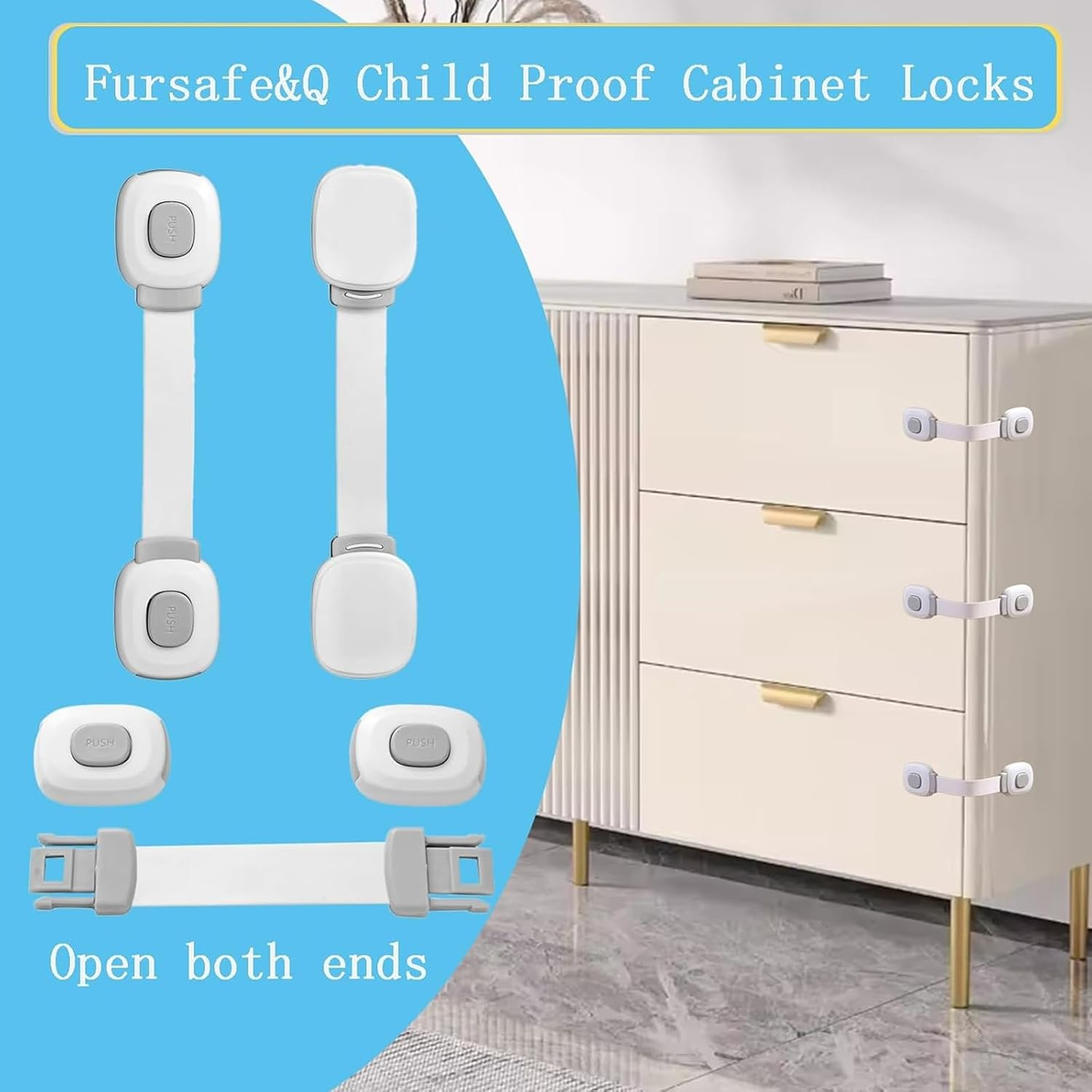 Fursafe&Q Baby Cabinet Locks, Child Safety Cabinet Proofing - Child Safety Strap Locks Adhesive Drawer Fridge Ovens Door Toilet Latches No Drill Multi-Purpose for Furniture Kitchen Lock 6 Pack image number 3