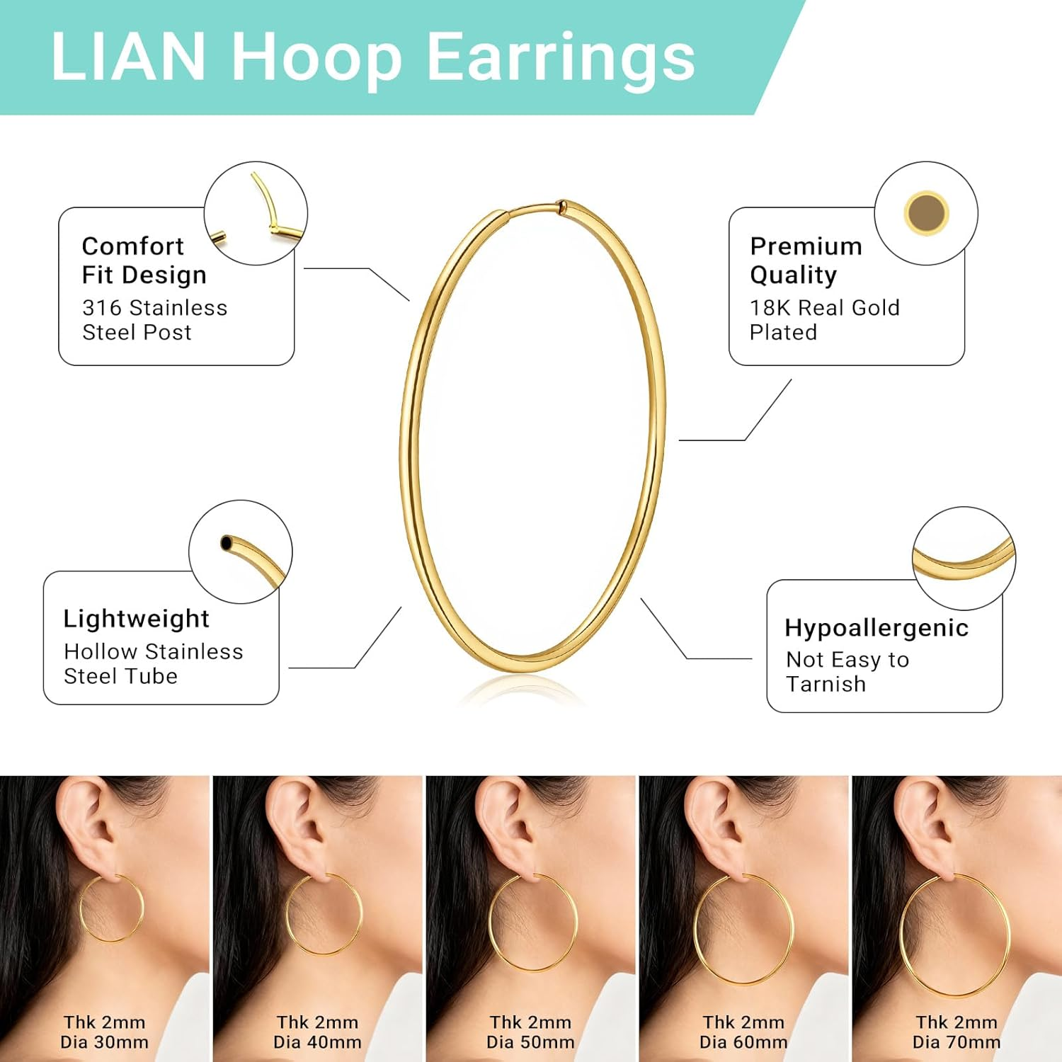 LIAN Hoop Earrings for Women 18K Gold Plated Endless Hoops Stainless Steel 2Mm Thick Simple Lightweight Large Huggie Earrings 30-70MM image number 6
