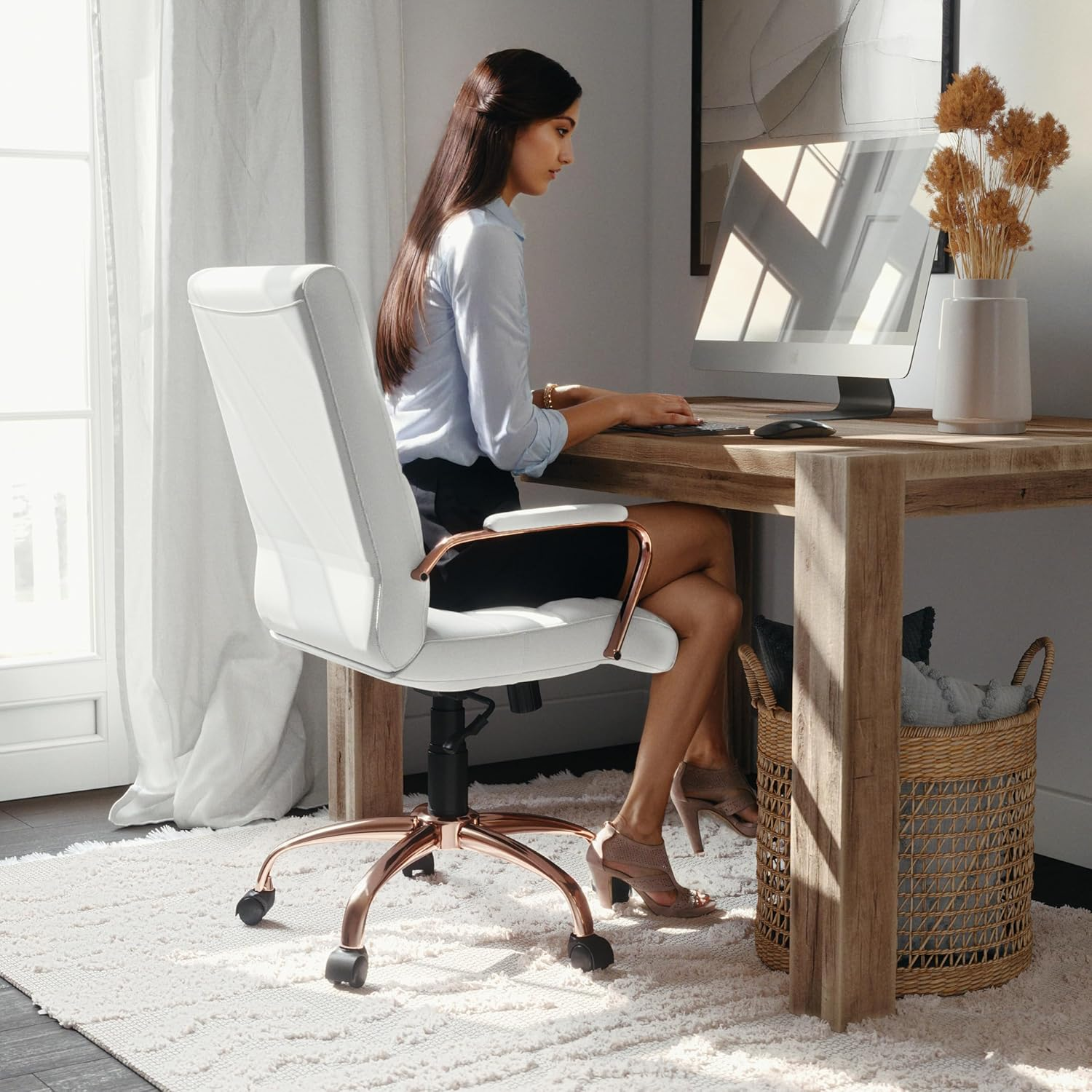 Flash Furniture Mid-Back White Leather Executive Swivel Chair with Rose Gold Frame and Arms image number 5