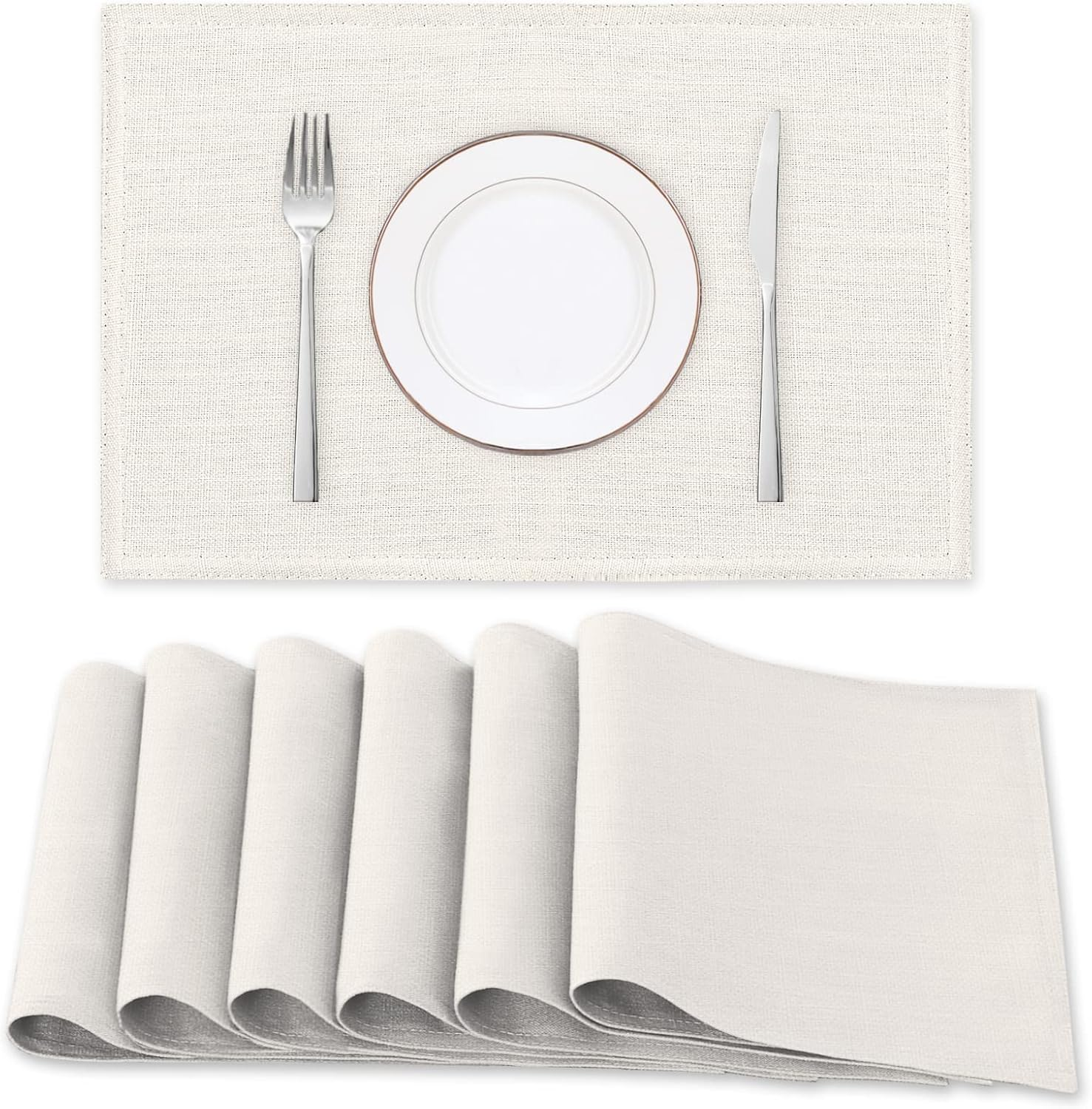 Linen Placemats for Dining Table,Rectangular Placemat Set of 6 Spill-Proof Waterproof & Heat Resistanttable Mats for Kitchen Washable Solid Table Mats, Black, 46X30Cm