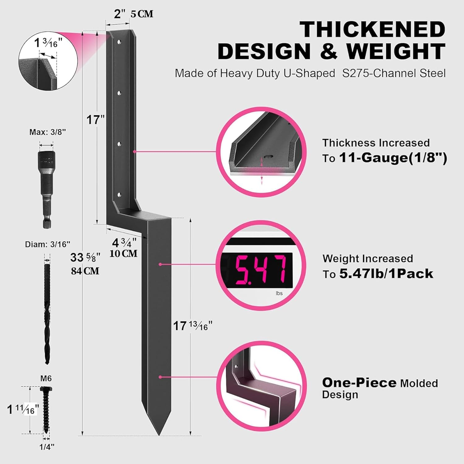 2 Pack Fence Post Repair Kit, Heavy Duty Anchor Ground Stakes for Repair Tilted Broken Wood Support, Black