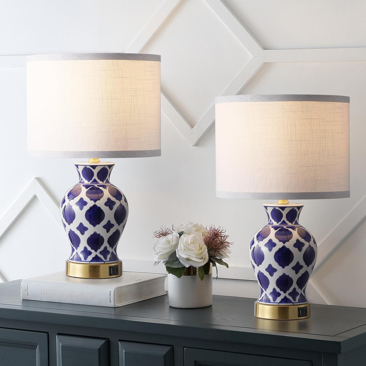 Bedside Table Lamp with USB Ports 2 Pack, 3 Way Dimmable Night Light with Fabric Shade Lampshade, Modern Ceramic Touch Lamp for Bedroom Decor for Living Room Home Office Study, White image number 5