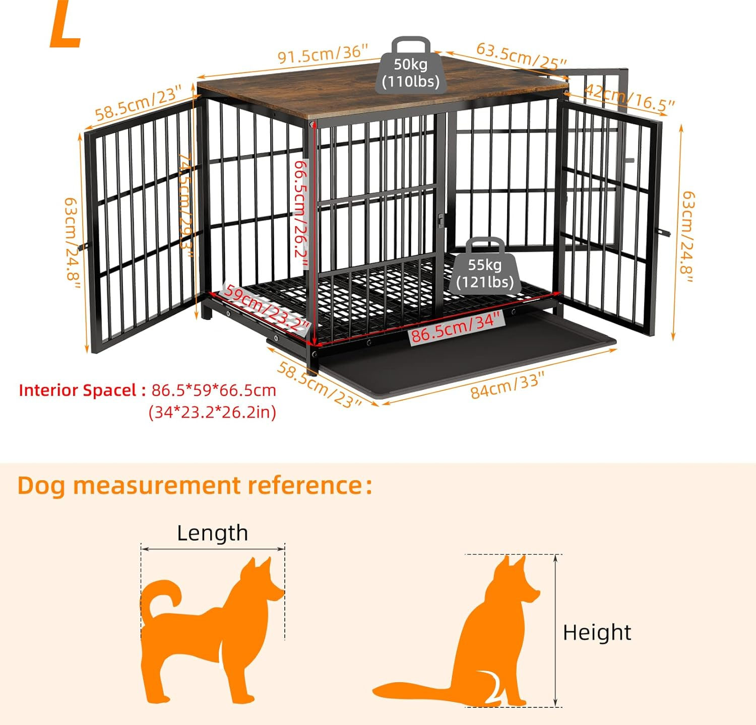 Bingopaw Wooden Dog Crate Indoor: 36Inch Furniture Style Pet Cage Pet Kennel End Table with Three Doors and Removable Tray for Medium Large Dogs Black