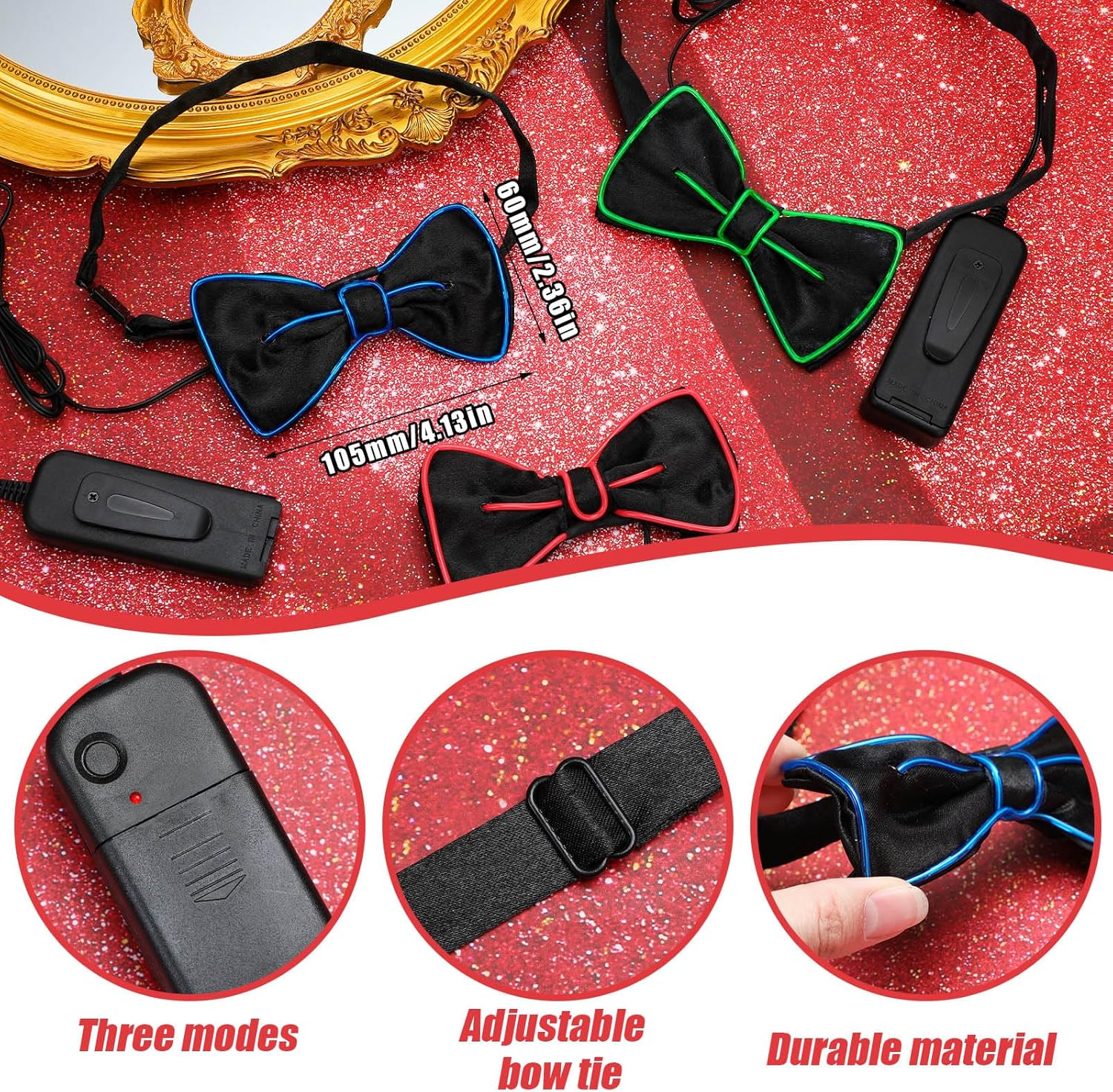 Jeyiour 8 Pcs Light up Bow Tie LED Bowtie LED Glow in the Dark Bow Tie for Men Funny Party Clothes Neon Costume Accessories for Rave Show, Novelty Glow Outfits, Neon (Blue, Green, Red, Yellow, Etc.) image number 2