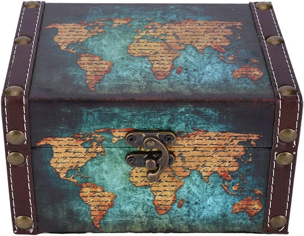 Wooden Storage Box European Style Vintage Jewelry Organizer for Home Office Decor Green Map Pattern