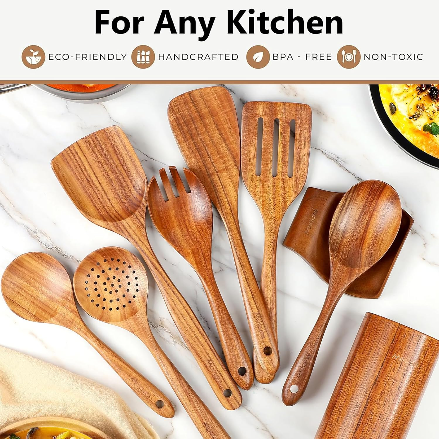 CATZONS 11 Pcs Wooden Cooking Utensils Set - with Holder & Spoon Rest, Smooth Finish Comfort Grip Teak Spatula Set image number 4