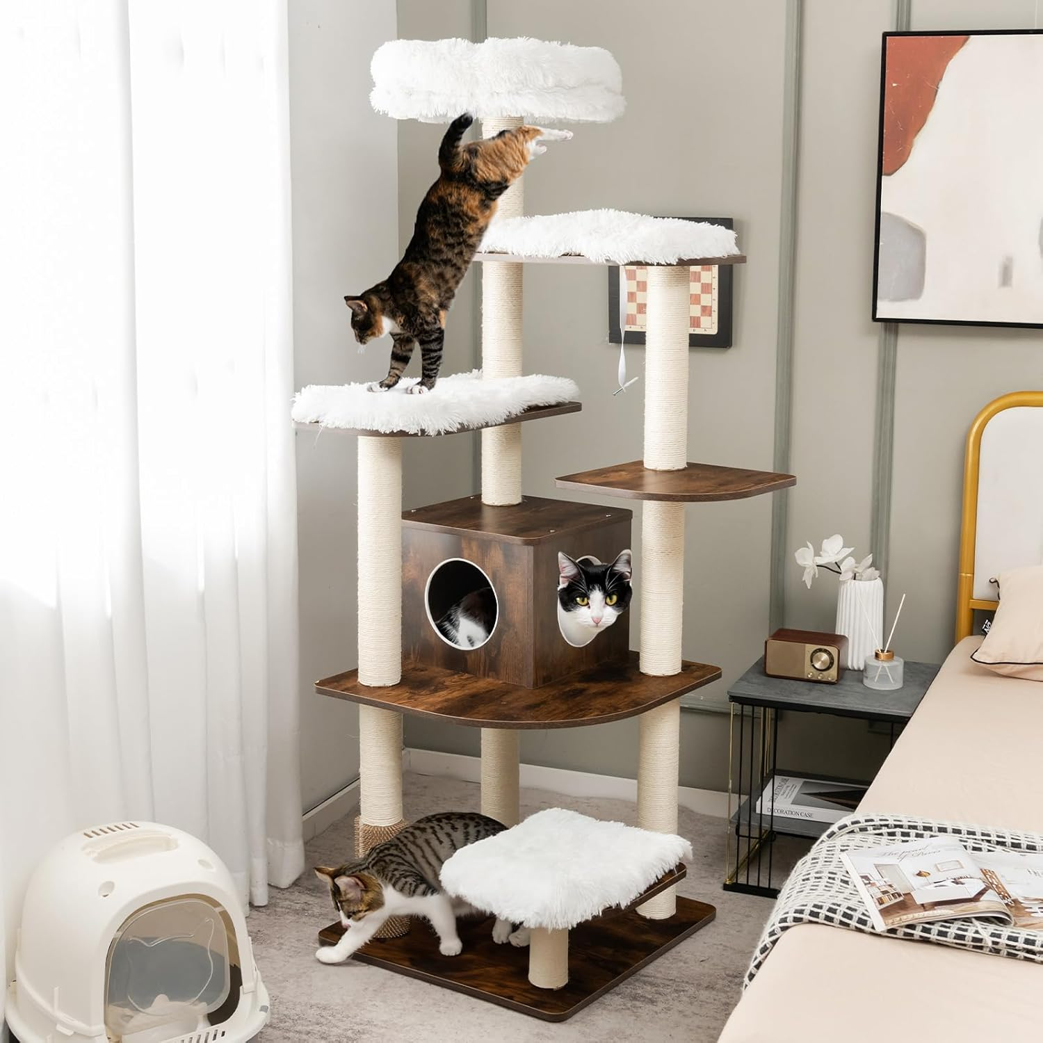 Costway 179 CM Tall Wooden Cat Tree, 7-Layer Cat Tower with Sisal Scratching Posts, Self Groomer, Top Perch, Private Condo, Washable Cushions, Cat Activity Center for Indoor Cats, Retro Cat Furniture - Natural image number 7