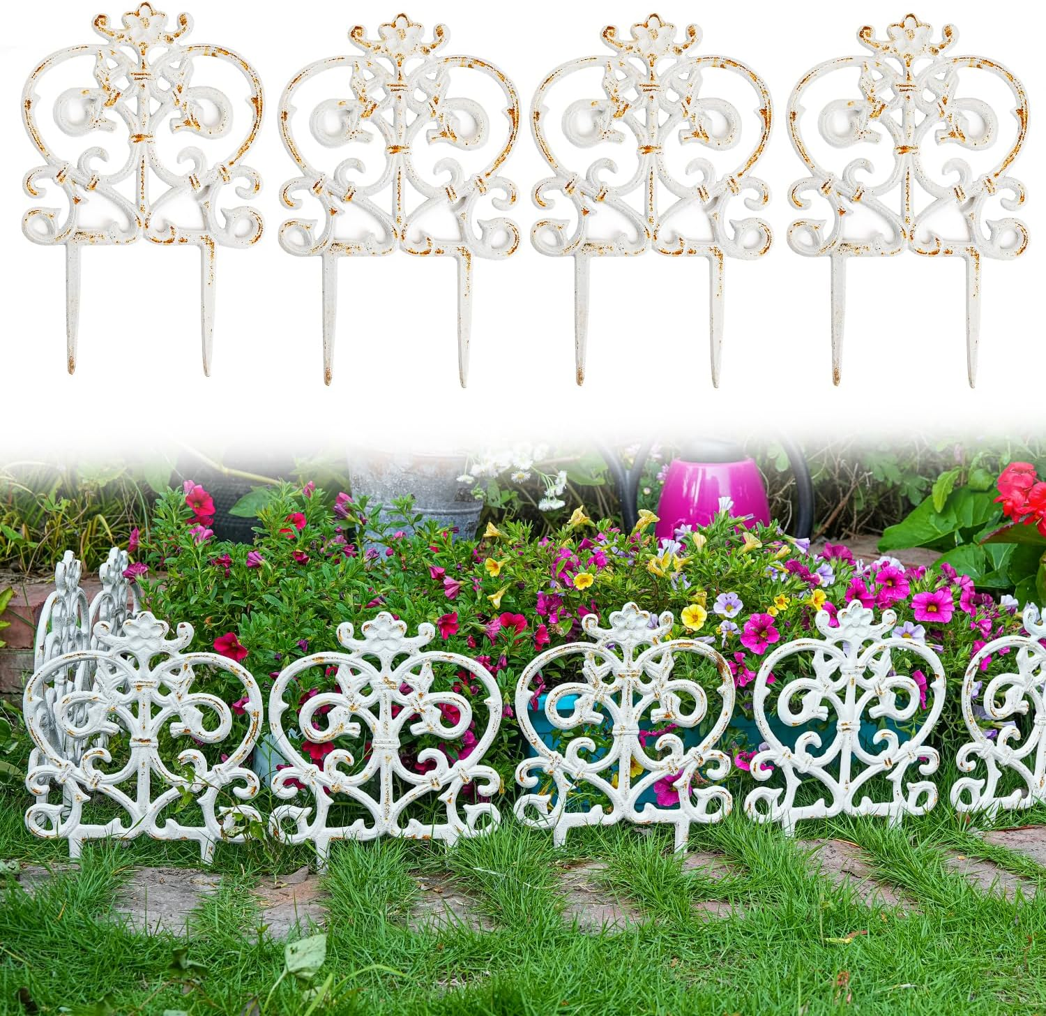 Sungmor Decorative Cast Iron Garden Edging, 4 Pack Rustic White Victorian Garden Edging Landscape Border, Vintage Metal Yard Stake Low Picket Fence, 11.8" Tall Outdoor Flower Bed Lawn Fence Panels image number 2